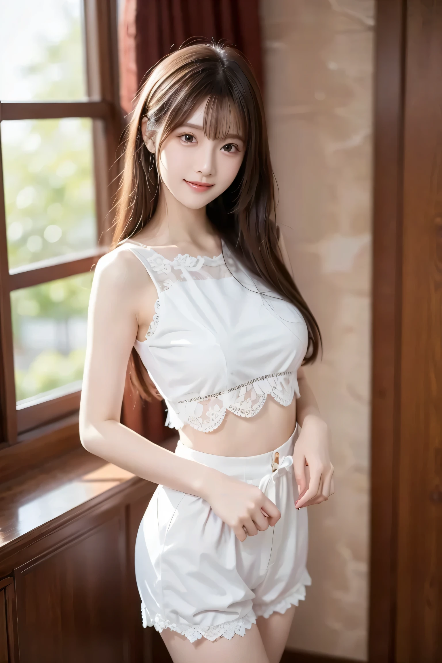 A woman with long hair and a white top is posing for a photo、 she says 、wearing a stylish white two-piece costume featuring a delicate lace pattern、look at the camera、Extremely beautiful eyes、smile、soft and gentle expression、Depicting the body from the knees up、standing in the teacher's house、