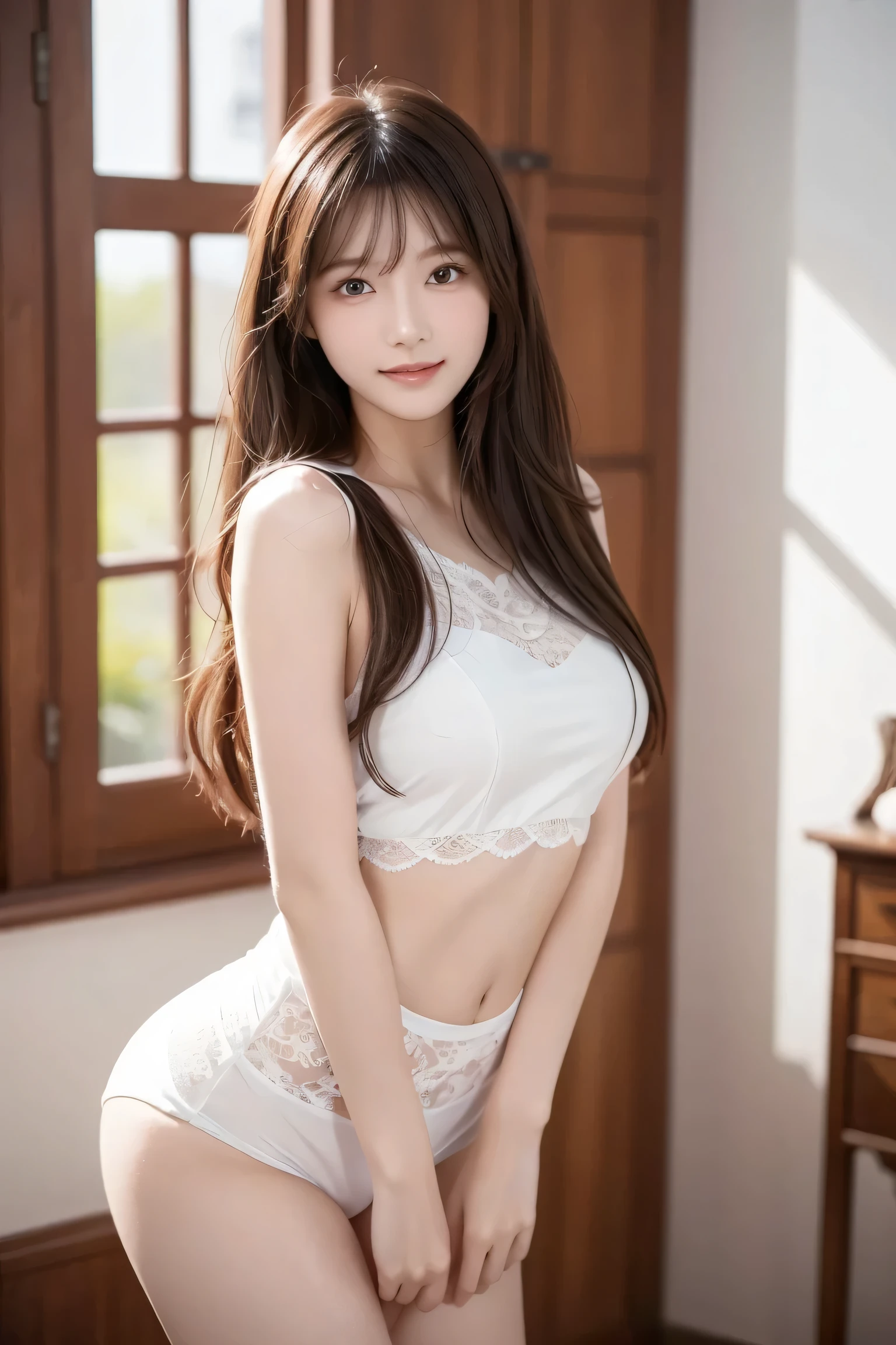 A woman with long hair and a white top is posing for a photo、 she says 、wearing a stylish white two-piece costume featuring a delicate lace pattern、look at the camera、Extremely beautiful eyes、smile、soft and gentle expression、Depicting the body from the knees up、standing in the teacher's house、