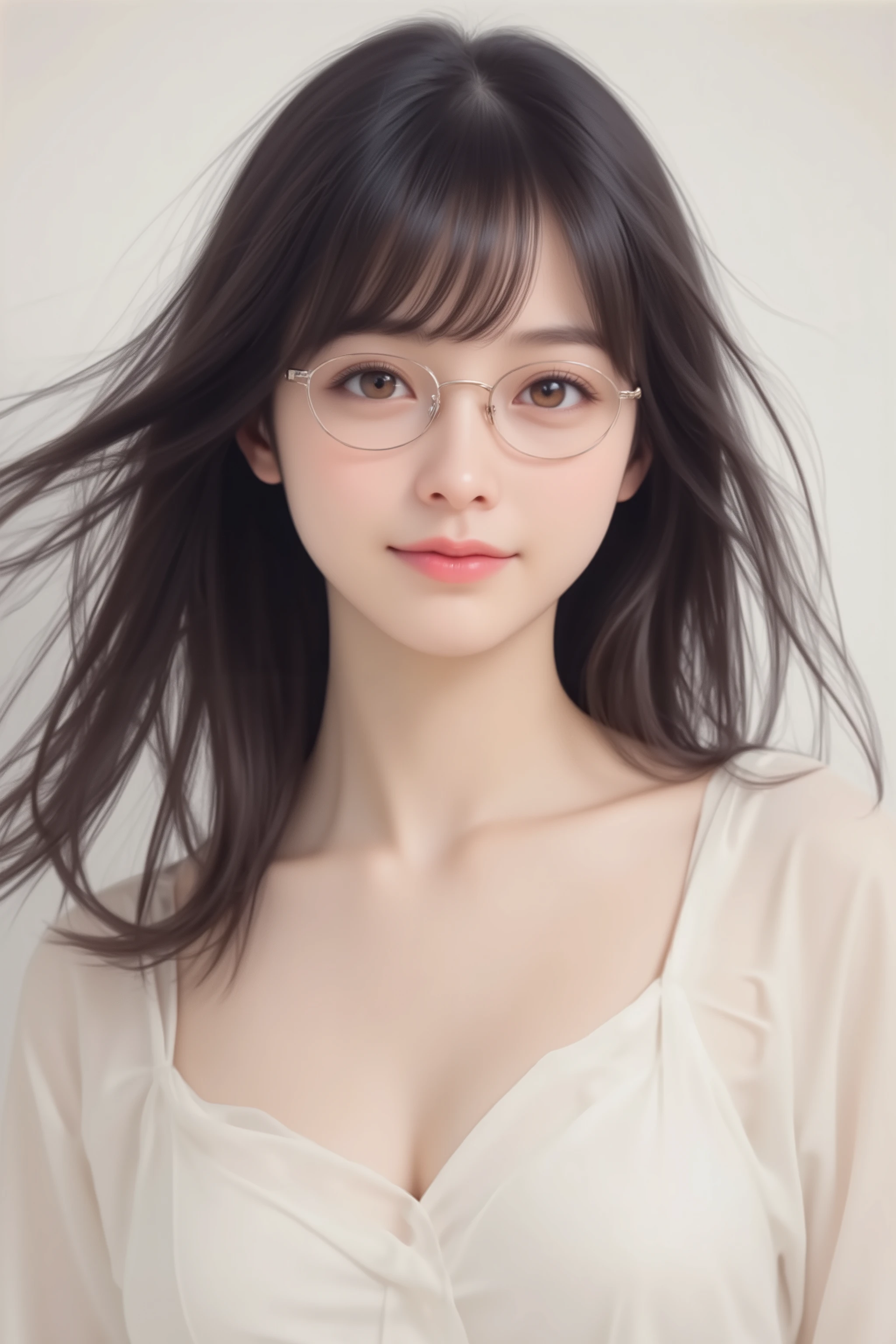 happy face of woman in white dress, black hair, hairstyle random, Bang, wearing glasses, standing,(Drawing from the knees up),