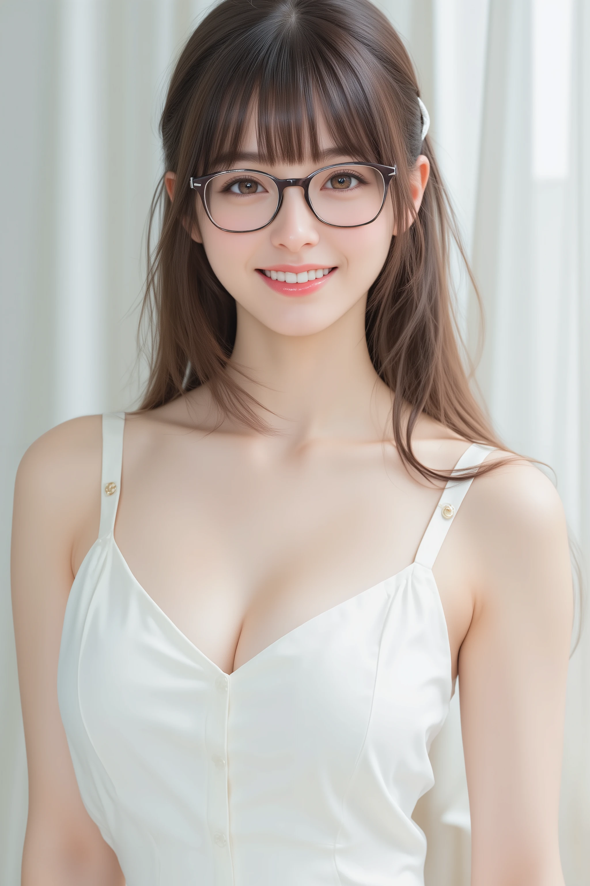 happy face of woman in white dress, black hair, Hair tie, Bang, wearing glasses, standing,(Depicting the body from the knees up),