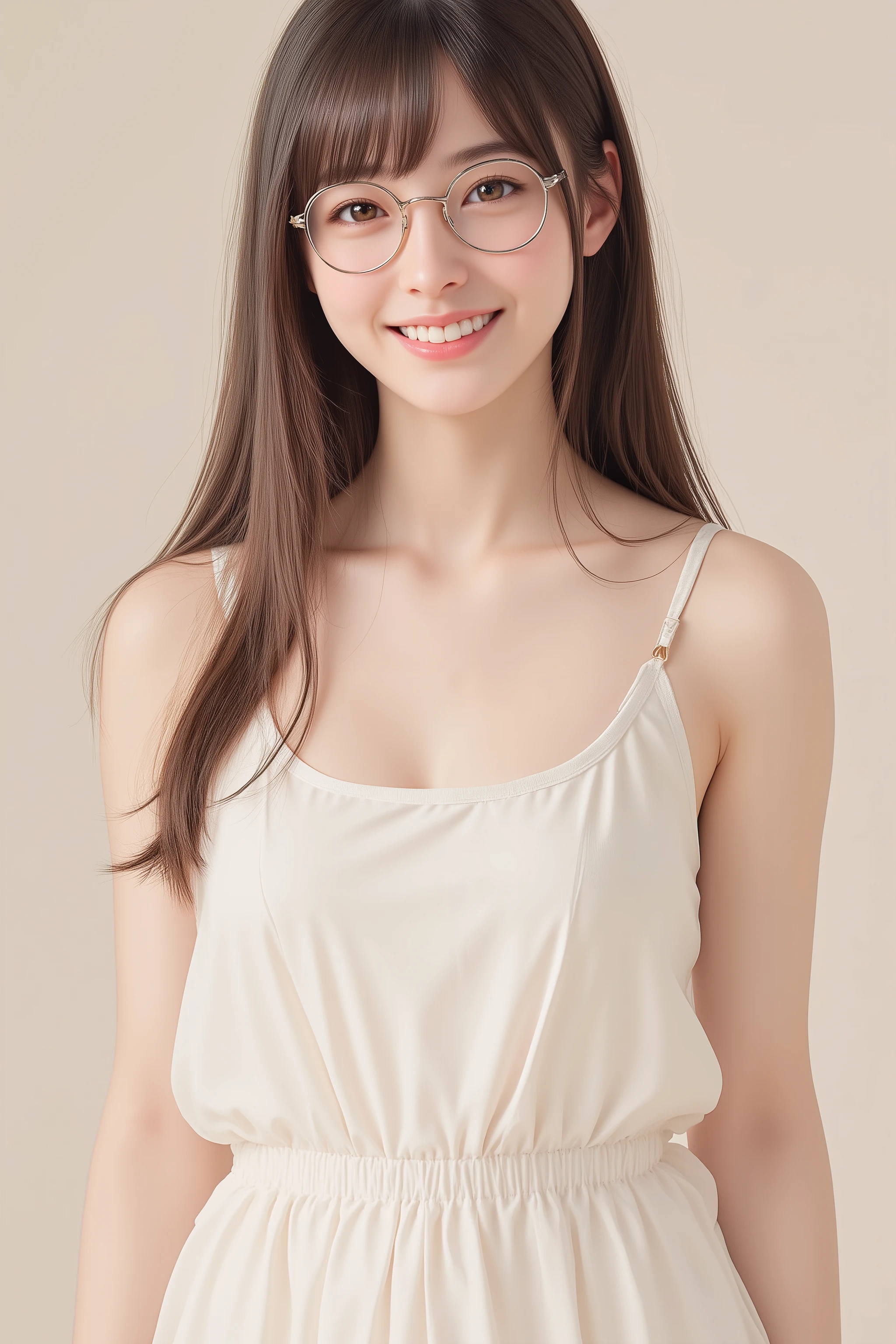 happy face of woman in white dress, black hair, Hair tie, Bang, wearing glasses, standing,(Drawing from the knees up),