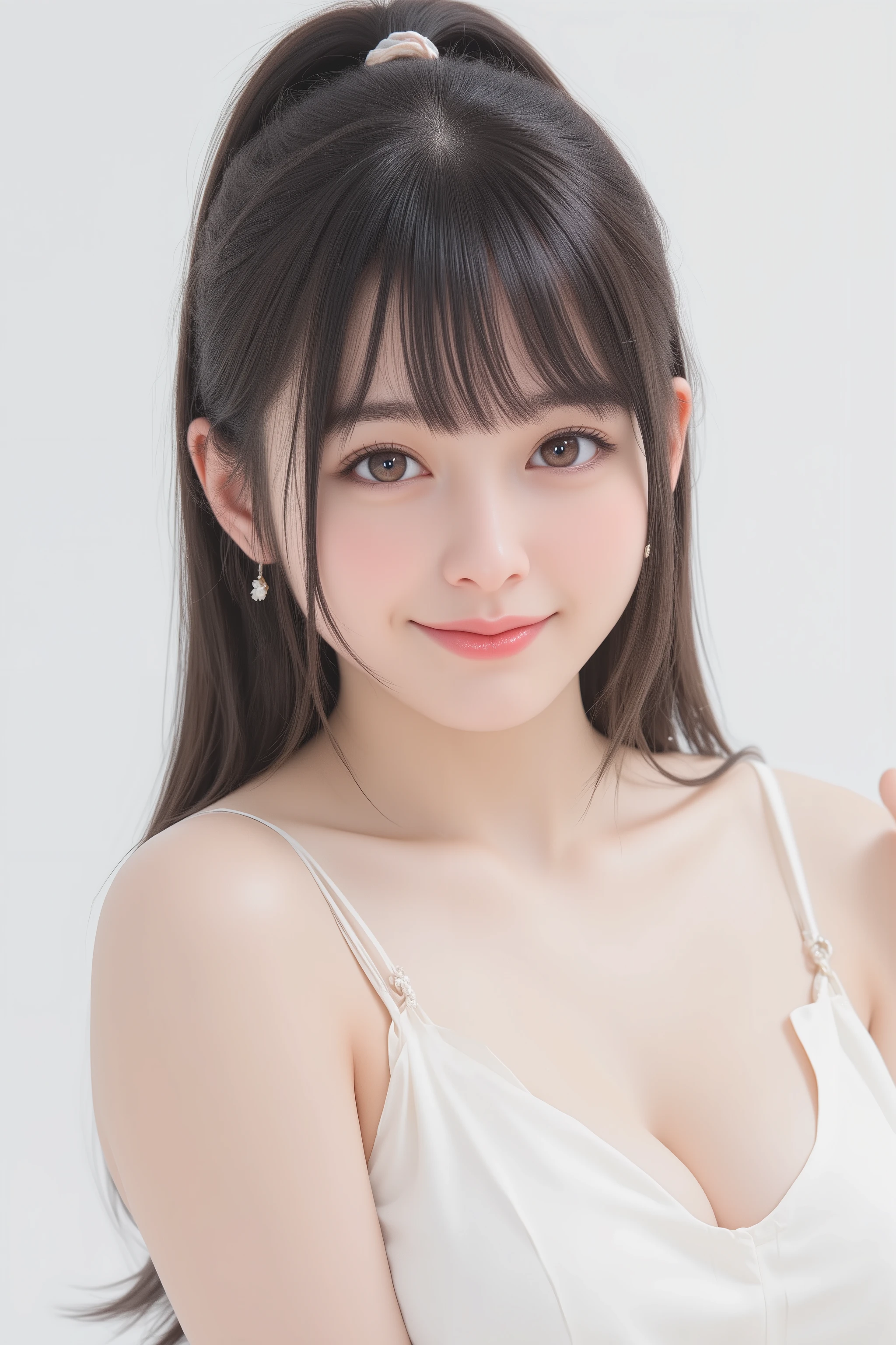 happy face of woman in white dress, black hair, Hair tie, Bang, wearing glasses, standing,((Depicting the body from the knees up)),