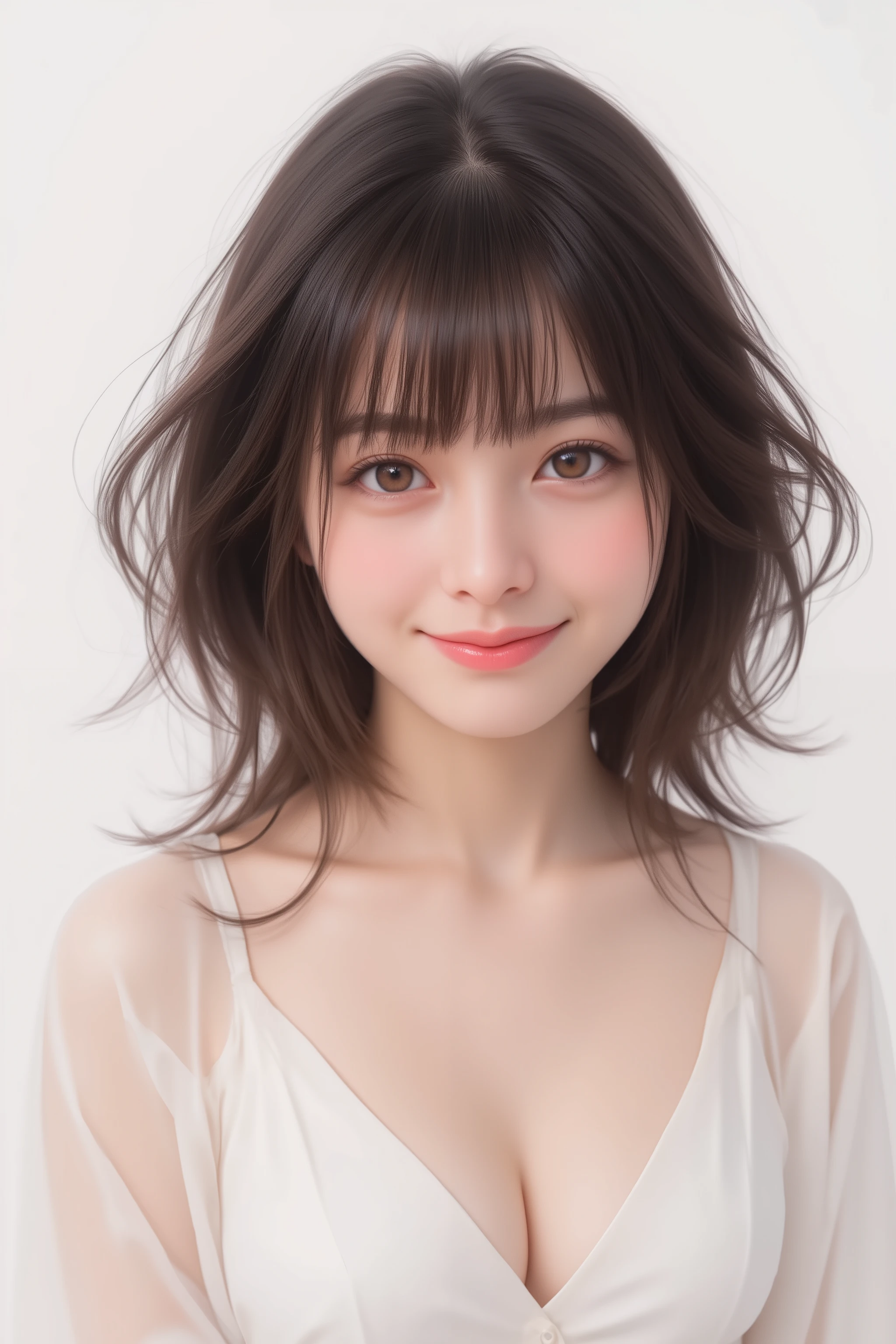 happy face of woman in white dress, black hair, Random hairstyle, Bang, standing,((Drawing from the knees up)),