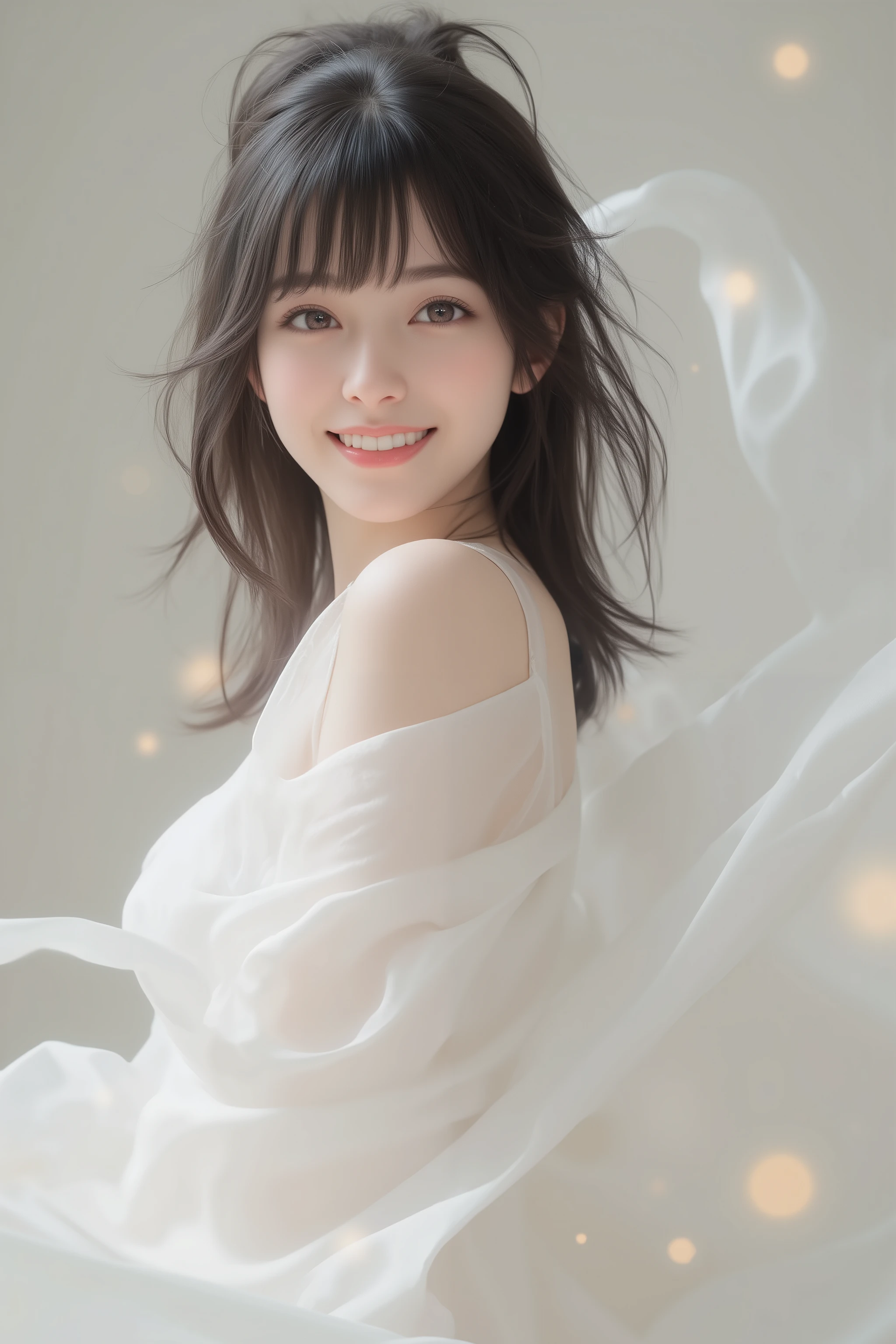 happy face of woman in white dress, black hair, Random hairstyle, Bang, standing,((Depicting the body from the knees up)),