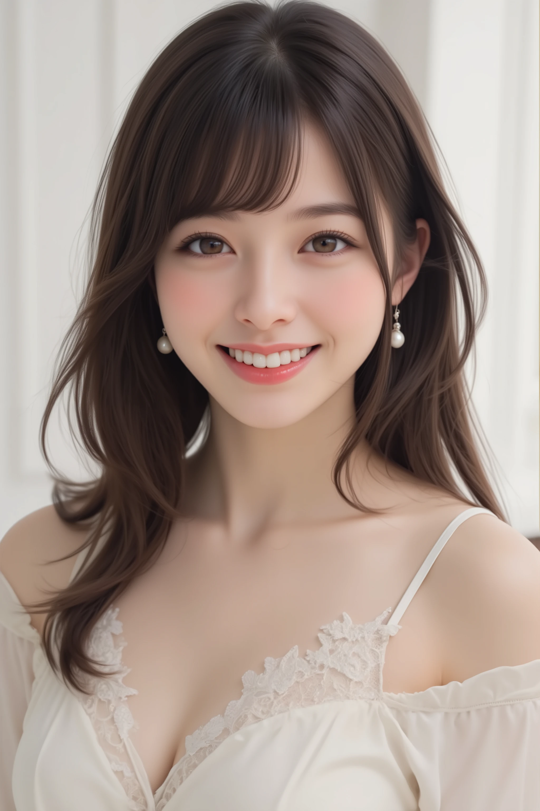 happy face of woman in white dress, black hair, hairstyle random, Bang,  standing,(Depicting the body from the knees up),