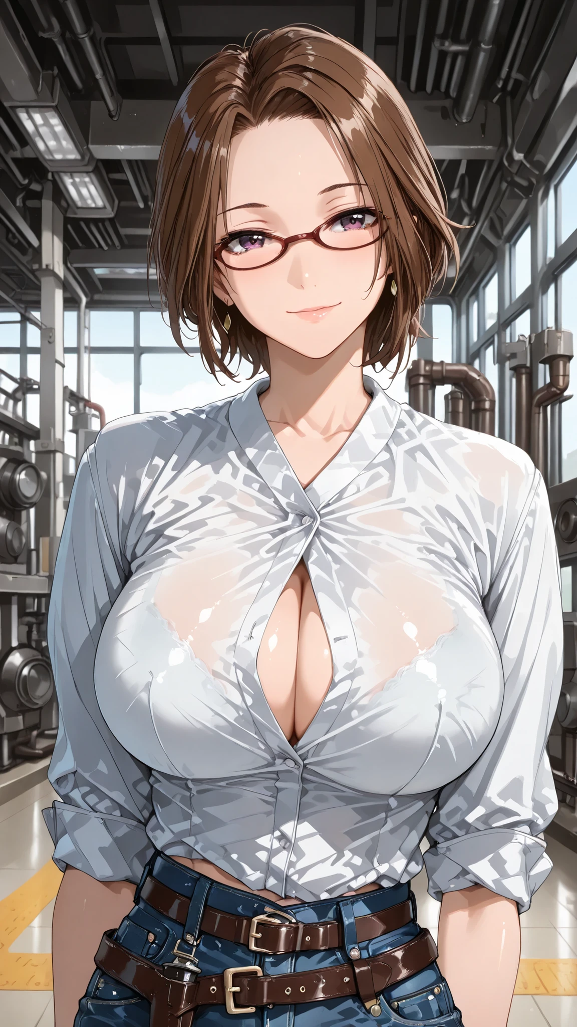 solo, tomoe (accelerando), purple eyes, brown hair, short hair, glasses, mature woman, Tight waist、Small waist、shiny Skin , (upper body), sexy, (adult woman, 25+), score_9, score_8_up, score_7_up, source_anime,(extremely detailed CG), (best quality),  A stunningly beautiful and charismatic female factory manager in her 30s, exuding confidence and sex appeal. She is wearing a crisp, white button-down shirt with the sleeves rolled up to her forearms, tucked into a pair of form-fitting, dark-wash denim jeans. A sleek leather tool belt is slung low on her hips. She stands confidently on the factory floor, with industrial machinery softly blurred in the background. Photorealistic, dramatic lighting, cinematic, 8k, high detail, super huge breasts :1.5 、Extra thin waist :1.5、