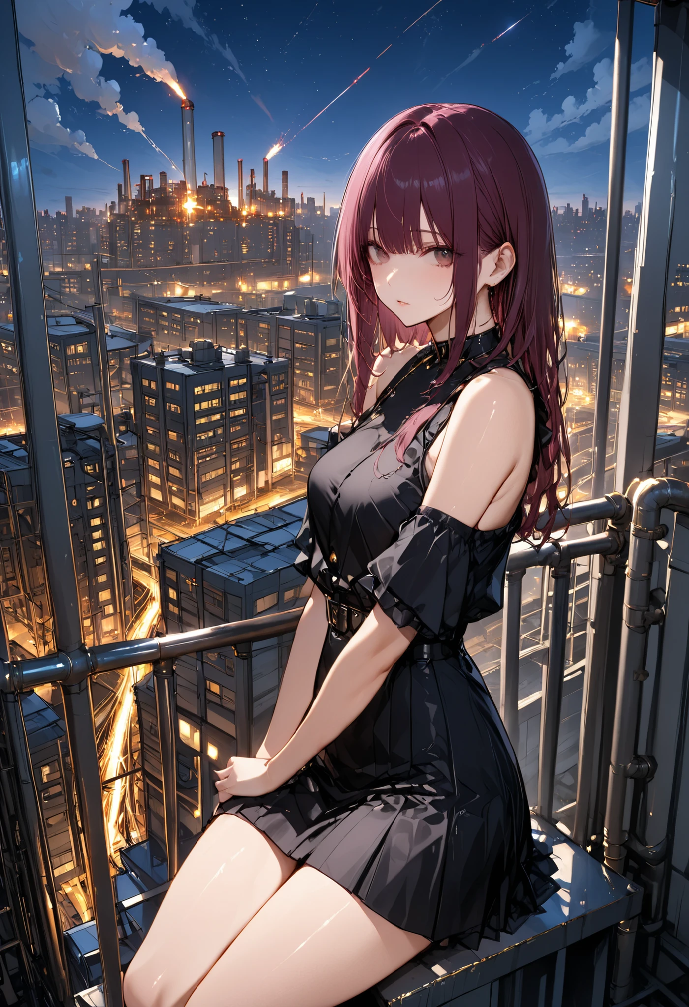 skyscrapersからGirl watching 、skyscrapers、The factory in front of you、Factory night view、一面のFactory night view、pipe、It looks like a jewel、Illuminations by llena de va、Girl watching 、meteor、空から降り注ぐmeteor、無数のmeteor群、masterpiece、fuill body ,best quality