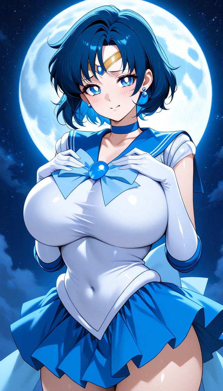 masterpiece,  of the best quality , alone, Sailor Mercury、blue hair　fully dressed　 Big Breasts　 No.　action pose　  uneasy expression　 Night 　 Night 空　  full moon
