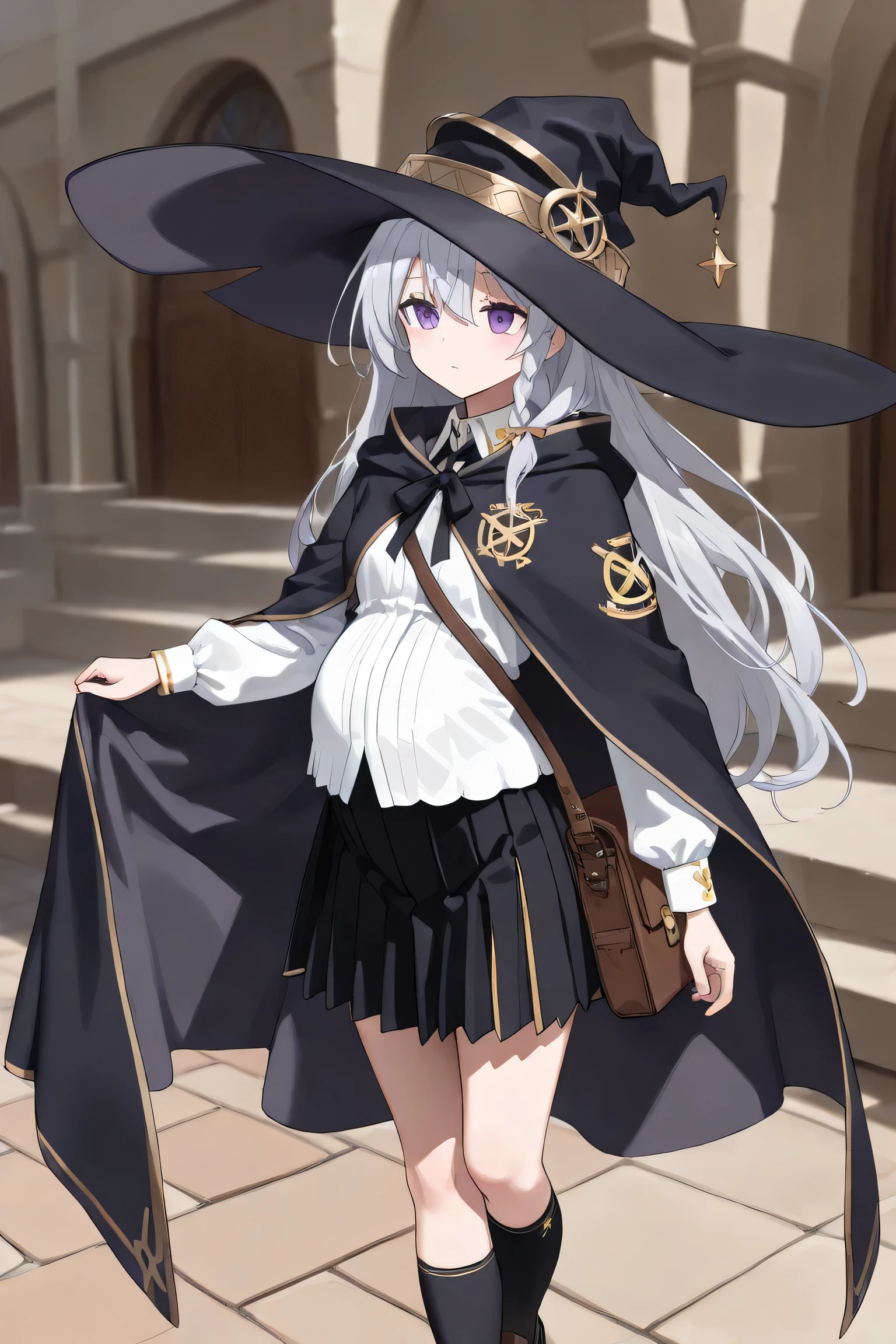 (Best quality, 4k, 8k, high resolution, masterpiece:1.2), ultra detailed, intricate details,
beautiful girl, alone, silver-gray long hair, purple eyes, gentle expression,
wearing a classic fantasy witch outfit,
(large black witch hat with gold emblem and lavender underside:1.2), (long black cloak with lilac inner lining and gold trim:1.2), (white blouse:1.1), black neck ribbon, short pleated black skirt, brown satchel bag at her side, black knee socks, brown loafers, elegant traveler aesthetic, soft flowing fabric, fantasy design, small magical accessories with gold accents, (pregnant:1.0)