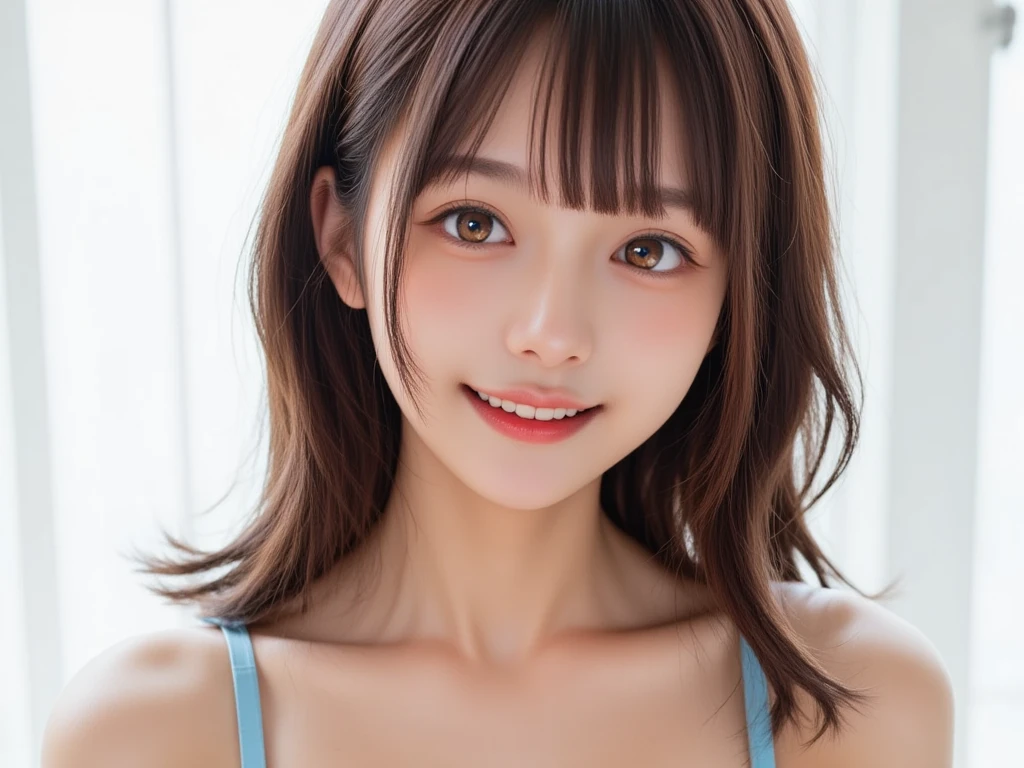 (Programas:1.8、obra de arte, Mais alta qualidade),1 garota, sozinho, ter, realista, realista, olhando para o espectador, olhos castanhos claros, Cabelo moreno curto bob com cabelo brilhante altamente detalhado, cabelo curto:osto bonito em simetria、roupas de primavera:1.6, branco, lips, franja, ar livre, boca fechada, tronco、olhos grandes、Eyelash、((Fundo azul claro muito simples:1.8))、(((Cabelo curto with franja、olhos grandes、grande and full 胸、look at the audience、Bela beleza、mostre-me seus ouvidos、long neck、Sorriso、please close your mouth and Sorriso)))、ideal body proportions、((({enorme|grande|enorme|mega} Peito 2, decote:2、Happy Sorriso、dentes lindos、)))