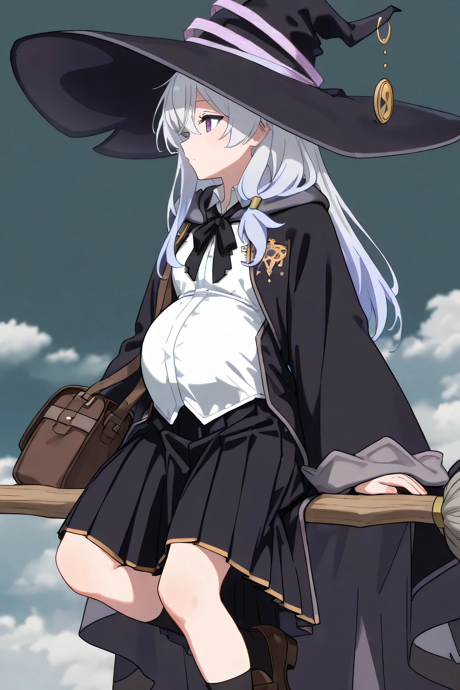 (Best quality, 4k, 8k, high resolution, masterpiece:1.2), ultra detailed, intricate details,
beautiful girl, alone, silver-gray long hair, purple eyes, gentle expression,
wearing a classic fantasy witch outfit,
(large black witch hat with gold emblem and lavender underside:1.2), (long black cloak with lilac inner lining and gold trim:1.2), (white blouse:1.1), black neck ribbon, short pleated black skirt, brown satchel bag at her side, black knee socks, brown loafers, at sky full of clouds on flying broom, sitting sideways being swept away, (pregnant:1.0), (side view:1.0)