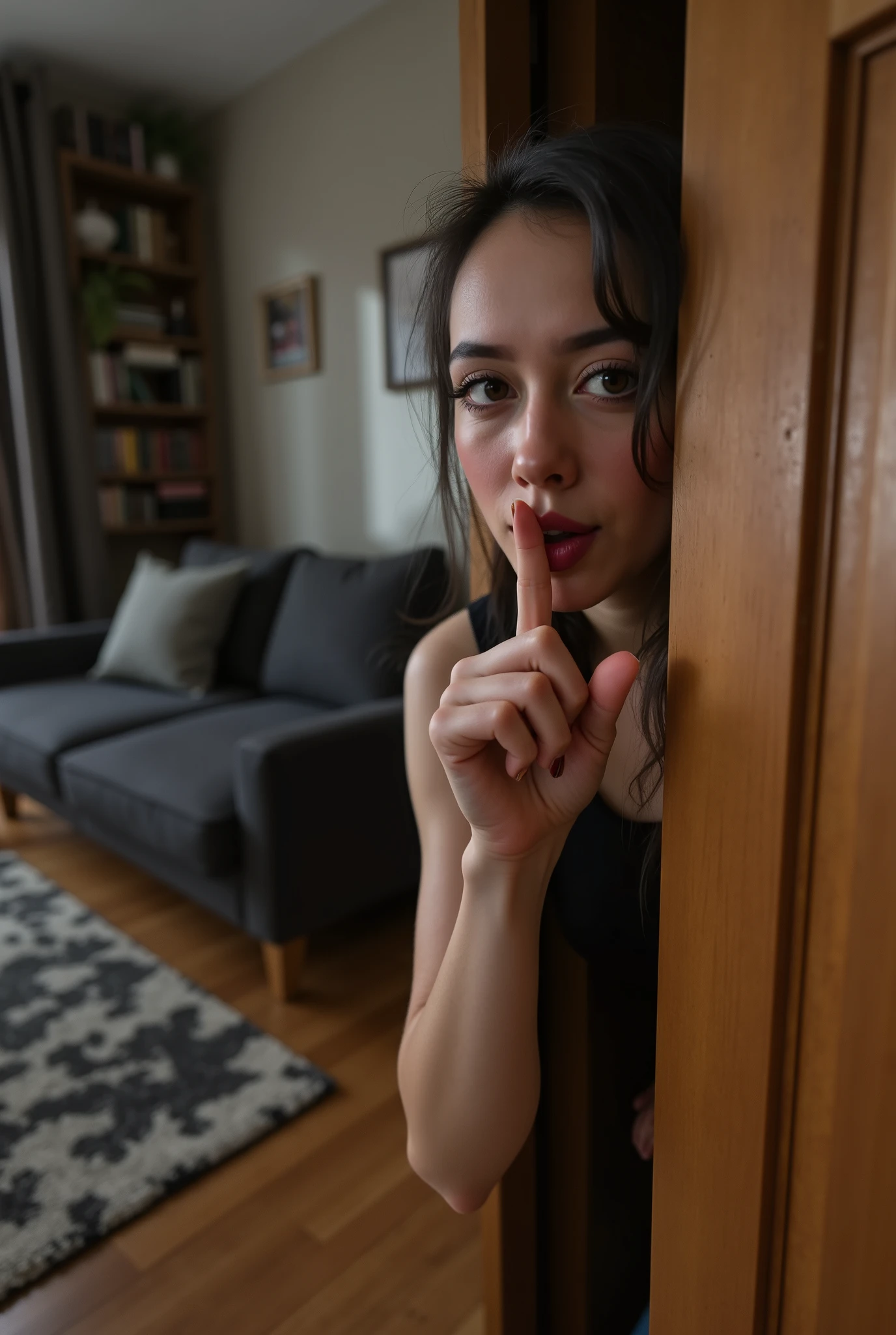 A woman peek around in front of a wooden closet door. Her hand is positioned vertically, with the index finger placed gently against her lips, suggesting a gesture of silence or secrecy. Behind her, a modern living area can be seen, a sofa, bookshelf, window, wooden flooring, patterned rug. The overall mood is mysterious. The image is composed to draw focus to the gesture, evoking curiosity regarding the context behind the act of silence. Normal hand, normal fingers.