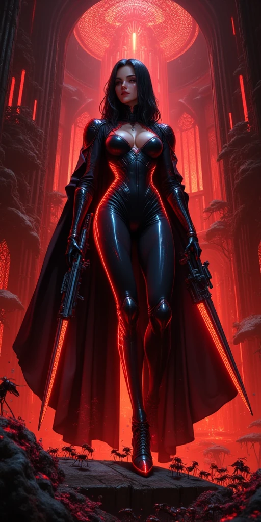 ral-opal, meahophontron, full body, woman robot face, Cyberpunk, devil nun, , looking at camera, body nun clothes, red eyes, primer plano looking at camera, realist, beautifull woman, sexy face, black clothes, gray and red, Red high heels, holding red crucifix.