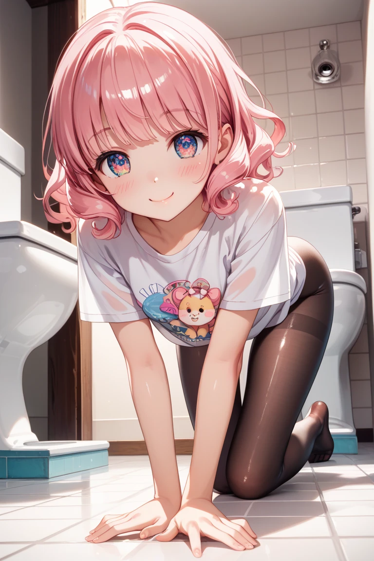 anime, young girls, black leggings, sit toilet, happy, fresh,