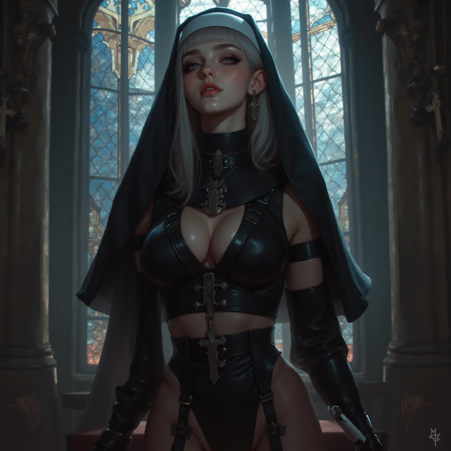 Dynamic shot, ((3 females)), A picture of 2 beautiful succubus dominating 1 sexy nun on a leash, ((2 demon females and a nun)), female domination, , nun, demons, beautiful succubuses, horror, dark, sexy, rough domination, domination, nun on a leash, , golden chains,(golden leash), collar, beautiful bodies, slim, horror style, highly detailed faces, stockings, (silk , stockings), leather tight boots, sharp camera angle , closeup, blue background 
