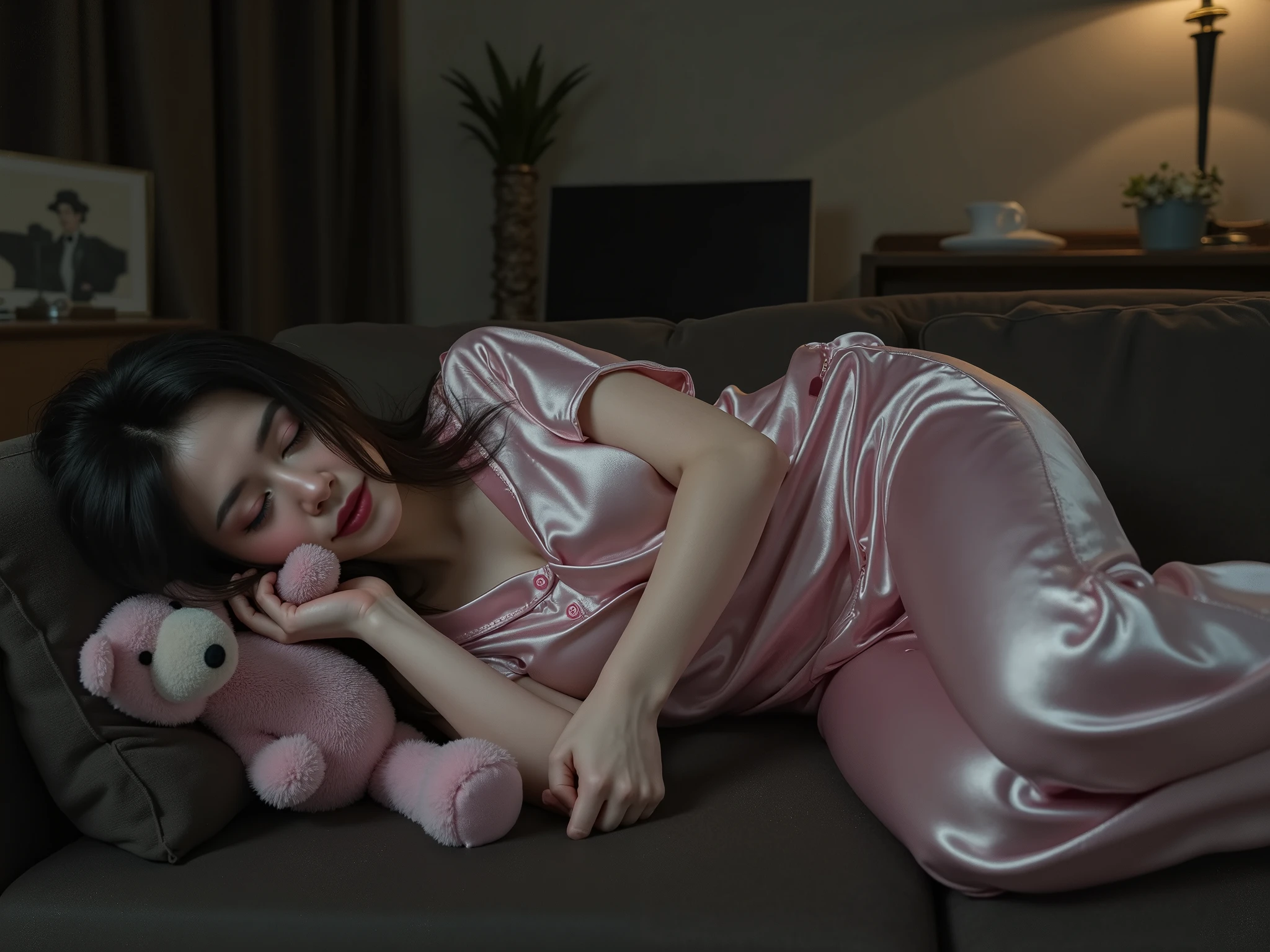 Surrealism painting art of close-up woman sleeping on the soffa in dark living room , she is wearing satin pijamas with button , sleeping tight aside pose holding pink teddybear 