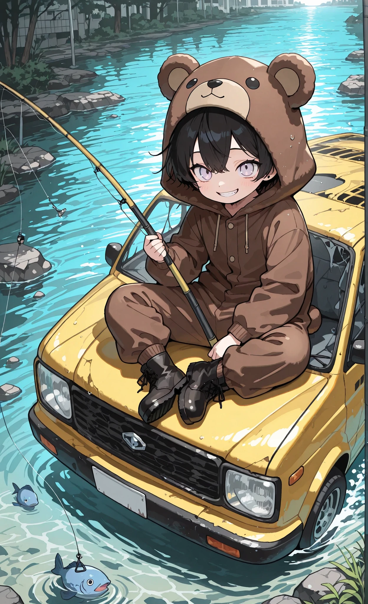 ultra-detailed, high detail, best quality, masterpiece, sharp focus, detailed shadows, vivid colors, Kuma, masterpiece, best quality, ultra-detailed:1.3, chibi style, male, 1boy, solo, short black hair, lavender eyes, wearing brown bear onesie, bear hood, black boots, sitting cross-legged on roof of yellow car submerged in water, smiling with eyes closed, holding fishing rod, casting line into water with bobber visible, black cat with large white eyes sitting next to him on car, tsunami post-apocalyptic atmosphere, semi-destroyed flooded city background, collapsed buildings partially underwater, debris floating in water, blue fish swimming in water, overgrown structures with pink flowering trees, partially submerged traffic light and bus, slightly elevated perspective, colorful playful slightly melancholic anime aesthetic, bright lighting, cheerful atmosphere amidst destruction