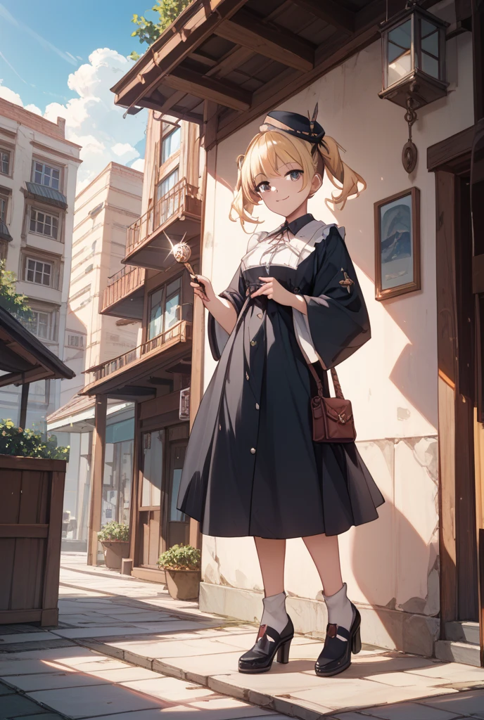 1girl, brown eyes, brown hair, bob cut, hair over one eye, blue robe, white shawl, gold trim, witch hat, smile, close-up, (masterpiece), ((best quality, intricate details, anime girl, witch, sitting in a garden