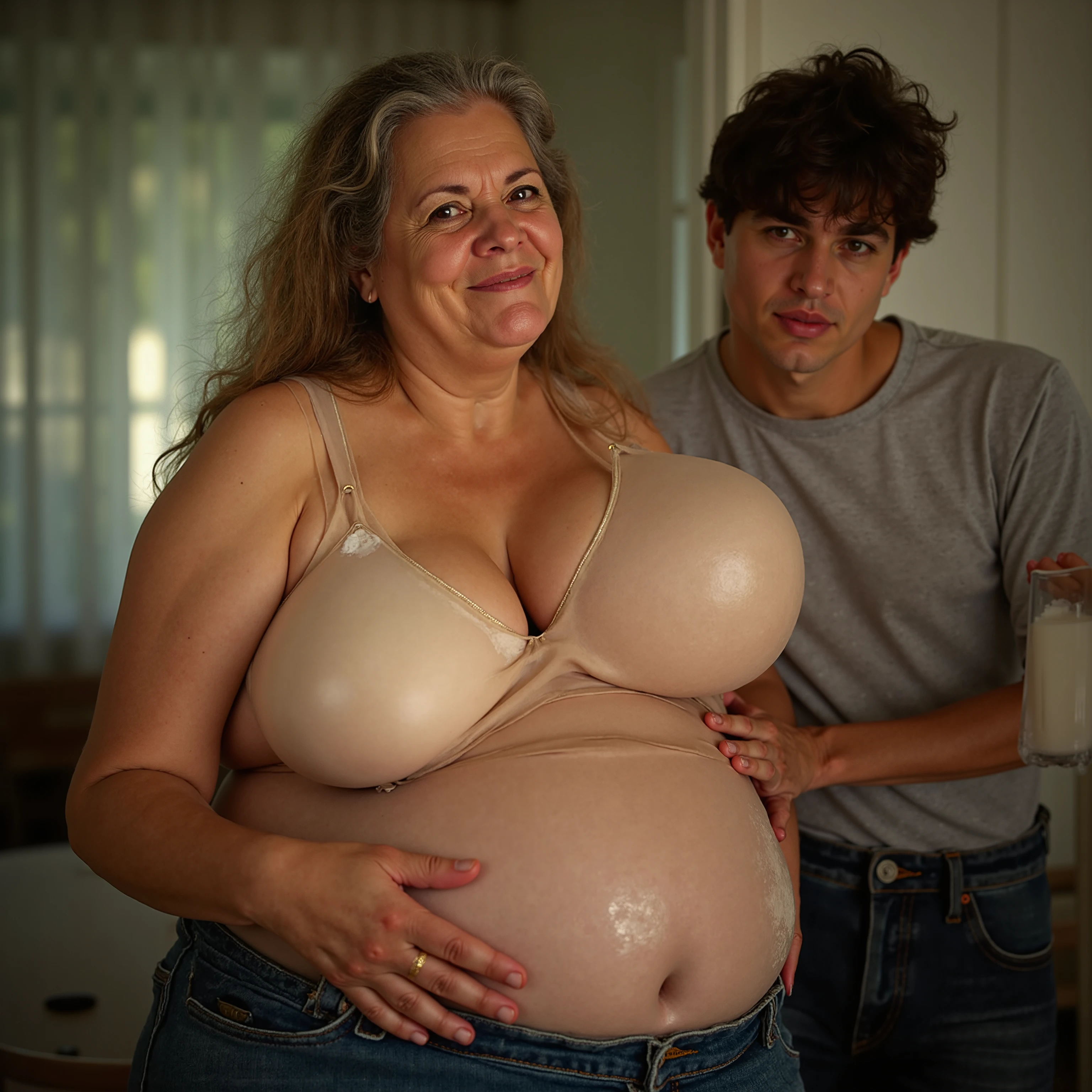 (highest quality: 1.5)、(16k wallpaper: 1.2), (Photorealistic: 1.2), (Highly detailed: 1.2), (High resolution: 1.2), (Highly detailed: 1.2), (Dirty old 60 years old with dirty clothes, little hair, gray hair, very wrinkled, with big mustaches, the old man is 30 cm taller than her), (A young and beautiful 13-year-old high school student), (Older man hugging her by behind, and speaks in his ear), 、(Old man touching his lover, touching his genitals with his fingers), She touches the old man, She has the old man's crotch behind her body, She is shaking her ass, lifting her miniskirt, swinging her white miniskirt, photography, Masterpiece, very high quality, dark gray background, (She has blonde hair, wears 2 short pigtails), ((big breasts: 1.3)),((The young woman is wearing a high school uniform)),( A white shirt completely unbuttoned revealing her big breasts and her belly.:1.3),(She is 8 months pregnant) The old man is leaning on her from behind and hugs her, he has a big smile on his face, the couple has a pose adult and they are happy, they both look at each other as accomplices, she is much shorter than him. (about 30 cm shorter than him). They have a big smile of happiness,