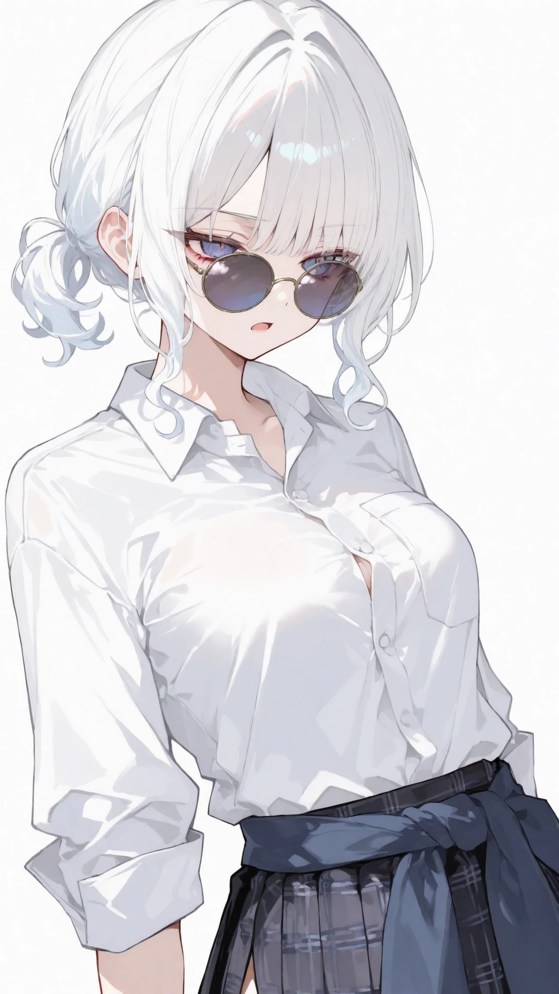 girl, white hair only,Blue eyes, bitter brow , Middle breasts,Black Plaid Skirt,,White Highlight Hair,Round Sunglasses,tied around waist, serious face, open mouth, Mullet girl,short hair,Side Bangs, Side Slit Hair ,white shirt,Upper Body Shape,office shirt,cilp hair side hair,elevation,Short Bob with Bangs,Pleated skirt,Wavy hair,short ponytail,thigh,Wavy hair,white background,