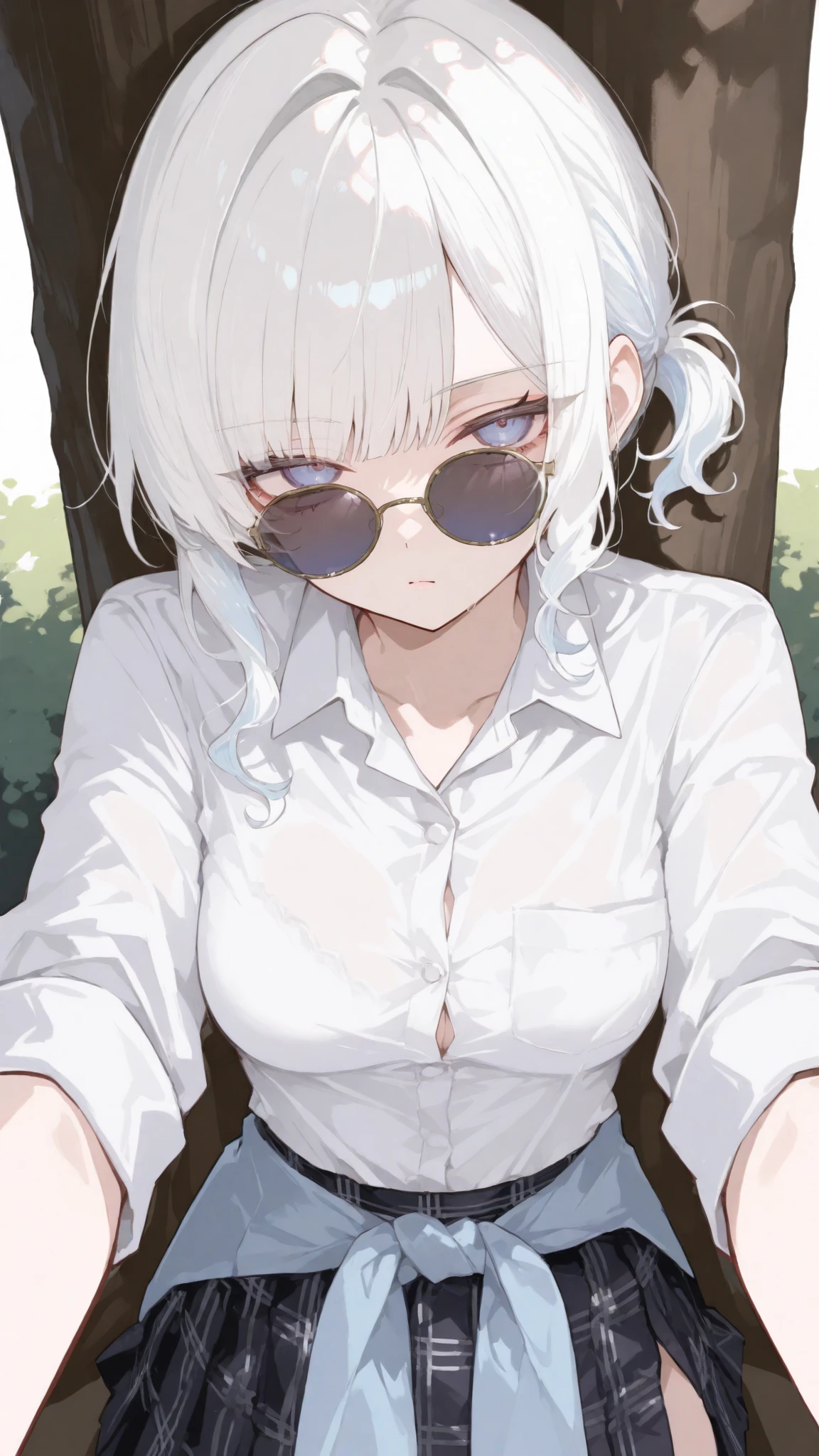 girl, white hair only,Blue eyes, bitter brow , Middle breasts,Black Plaid Skirt,,White Highlight Hair,Round Sunglasses,tied around waist, serious face, Mullet girl,short hair,Side Bangs, Side Slit Hair ,white shirt,Upper Body Shape,office shirt,cilp hair side hair,elevation,Short Bob with Bangs,Pleated skirt,Wavy hair,short ponytail,Wavy hair,under the tree,pov ,