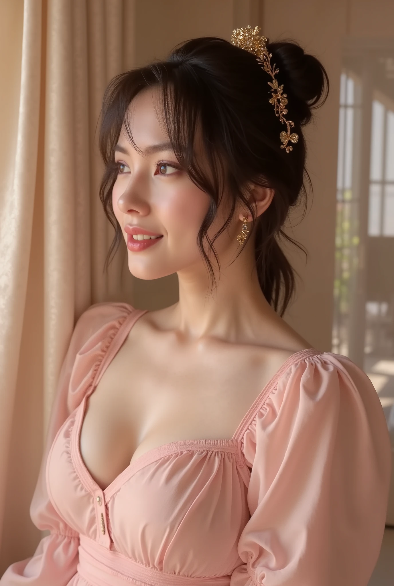 30yo korean idol nancy disdown standing and random pose with tied bun hair with golden ornate on back head , sexy body big breast curve cleavage visible, An Award-Winning Masterpiece in High Quality, ultra realistic, HDR, (photo realistic) Fine Art Photo Magazine in the Style of Intriguing Fine Art: Soft Elegance: Embrace the sophistication of pastel hues with sheer blues, pinks, and creams. Opt for minimalistic jewelry and makeup that enhances natural beauty, looking outside of camera pose, happy vibes beauty smile, such as light pink lips and subtle eyeshadow. Hair can be styled in sleek, straight looks or elegant low buns, perfect for a dimly lit, elegant setting. ral-dissolve, surrealist fantasy, with a Maximalist Style. figure complète hyperréaliste, 8k,