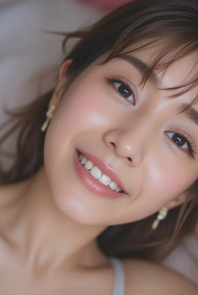 ((Selfie 1.6))((Smile 1.6))、front、Close-up face、Straight Hair、｟Looking into the camera｠Brown Hair、With bangs、Highest quality, Masseter muscle area, Ultra-high resolution, (Realistic:1.4), RAW Photos, high resolution, High definition, masterpiece、30-year-old woman、In the apartment