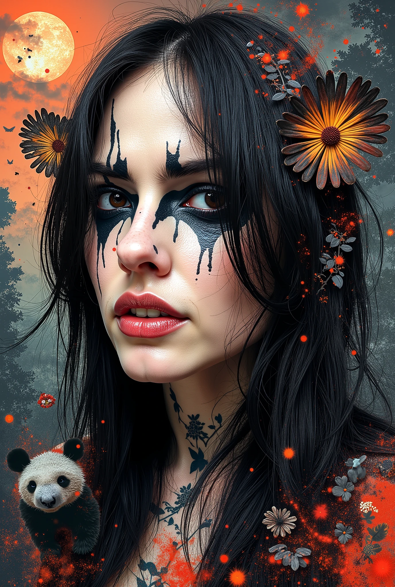 A woman's face in cubist art NFT 3D woodcut colored wicked witch destroyer haunted scenery rays with flashy rain panda black eyes Long hair,