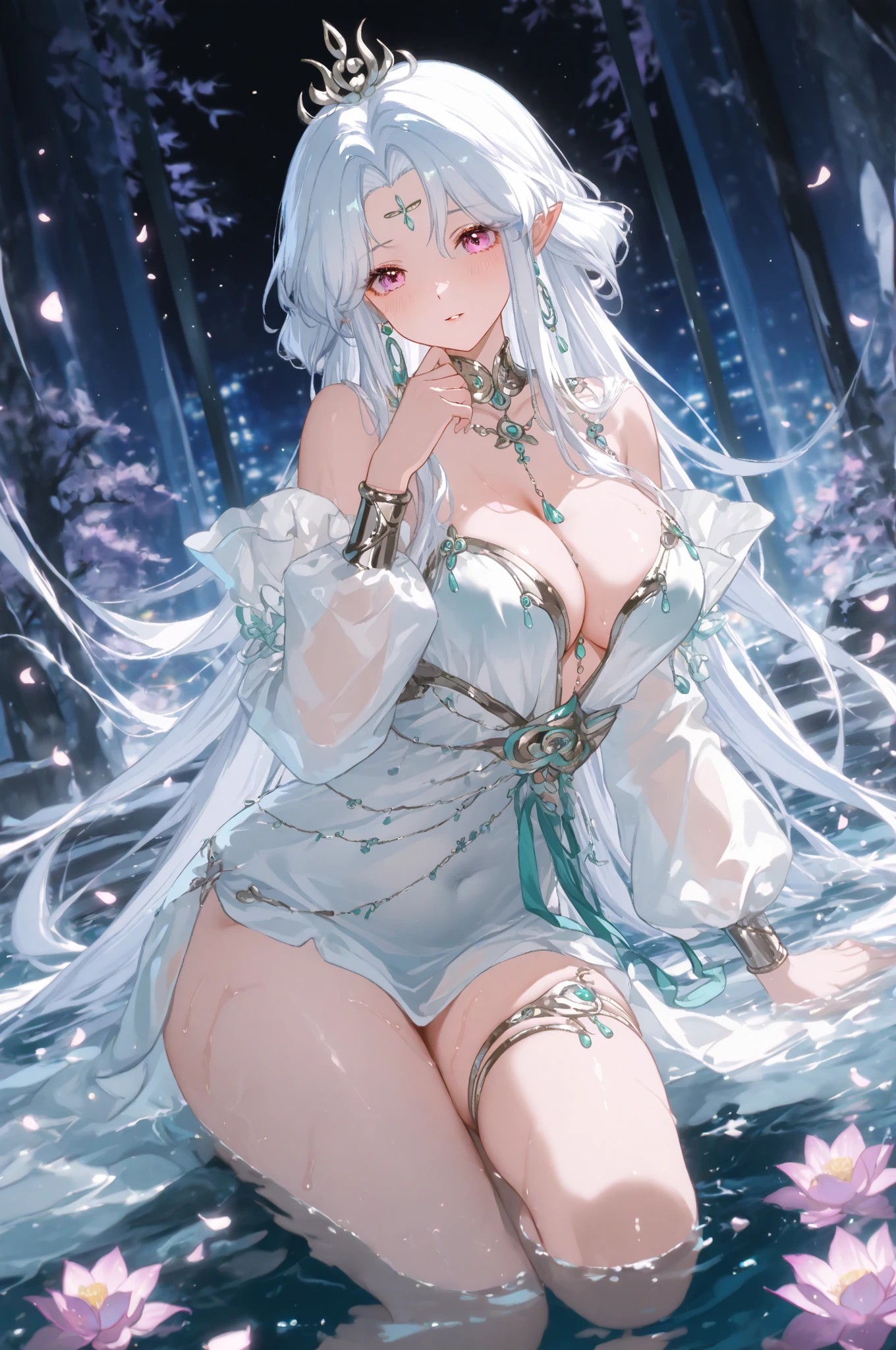 (Paradise in Heaven), White lighting,(muste piece), (best quality), (cinematic), 8K, (art station),(長いwhite hairとSilvery eyesを持つ1人の女), (beautiful delicate face)、[Frozen trees々], [landscape crystal], [lighting], [Ethereal Atmosphere:1.1], [fantasy, short story] ,[soft なlighting] 、(+cinematic shot:1.2)、 [+art station] 、[+luminous white background] 、 [soft glow] 、(Creative and dynamic angles:1.3), [+Crystal Toning] 、muste piece, very detailed, Super detailed, solo, (pale skin), Silvery eyes, white hair, (snow background), (snowflake rosen flower:1.0), (shining crystal), (Snowy ground), (White lashes), ???? woman、dreamy and detailed, Gorgeous setting, 妖しい雰囲気 muste piece, The most beautiful scenes, majestic、(((full of white flowers)))、quiet and serene atmosphere、attractive, all white tones,Inside the crystal library,Transparent flowers and falling snow，Many white roses are planted,(water flowing,waterfall,water bloom),The decoration is also carefully done.,dream（very detailedです，creative design，crisp and precise lines，K HD，best quality，master piece，超High resolution，In 4K）、Diverse poses、((beautiful white flower hair ornament))、beautiful hairstyle、(best quality, In 4K, 8K, High resolution, muste piece:1.2), Super detailed, detailed expression, graceful posture, Expressiveなブラシストローク, mysterious atmosphere, artistic interpretation,Delicate floral jewelry， (((Detailed design、Beautiful ????????????????? made of thin fabric、Sheer mini dress that shows off your skin)))、(SFW:1.5), (oversized ???????, best body proportions, proportions of ?????????????,:1.?????pressive