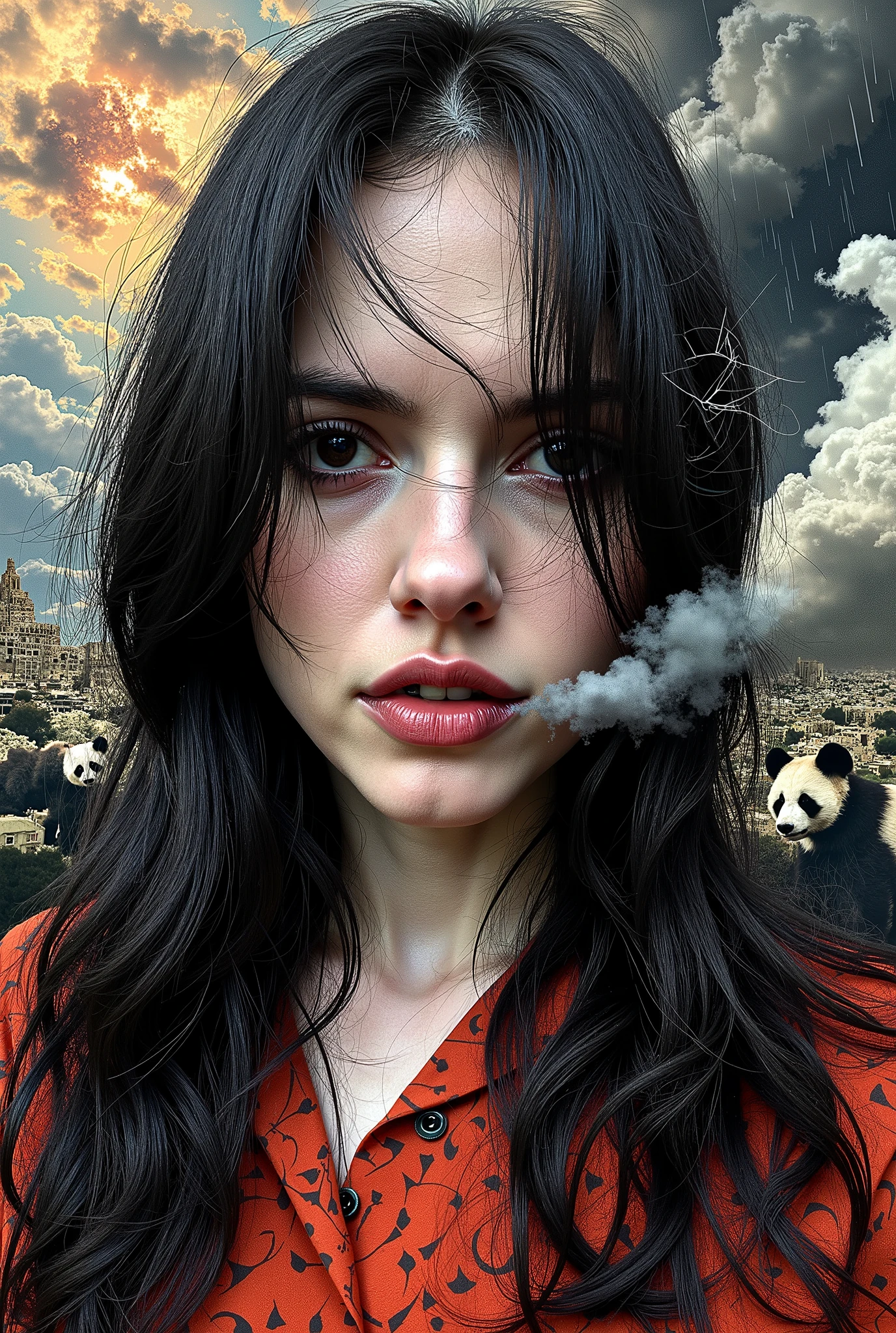 A woman's face in cubist art NFT 3D woodcut colored wicked witch destroyer haunted scenery rays with flashy rain panda black eyes Long hair,