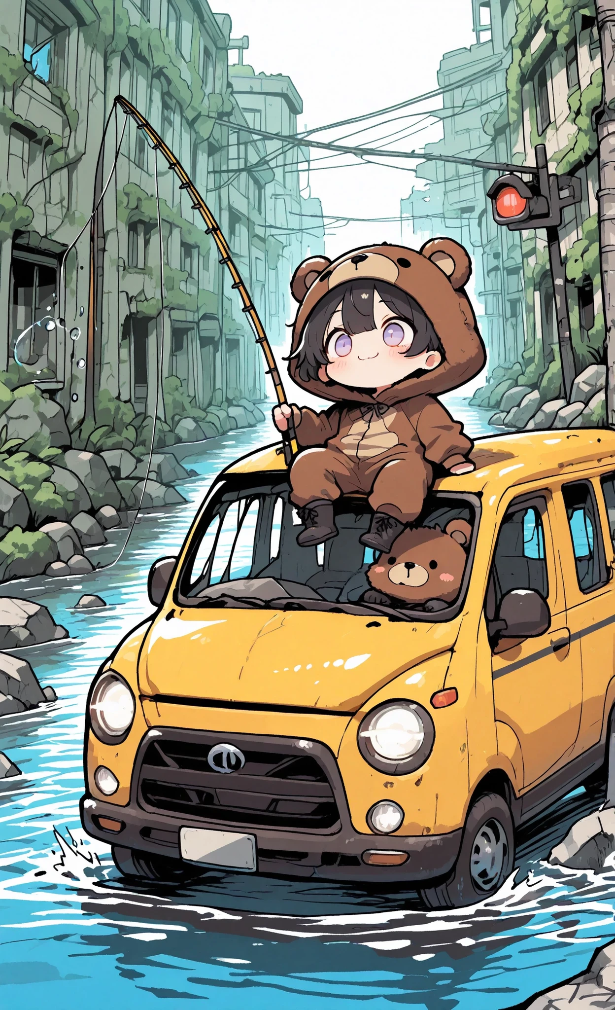 ultra-detailed, high detail, best quality, masterpiece, sharp focus, detailed shadows, vivid colors, Kuma, masterpiece, best quality, ultra-detailed:1.3, chibi style, male, 1boy, solo, short black hair, lavender eyes, wearing brown bear onesie, bear hood, black boots, sitting cross-legged on roof of yellow car submerged in water, smiling with eyes closed, holding fishing rod, casting line into water with bobber visible, black cat with large white eyes sitting next to him on car, tsunami post-apocalyptic atmosphere, semi-destroyed flooded city background, collapsed buildings partially underwater, debris floating in water, blue fish swimming in water, overgrown structures with pink flowering trees, partially submerged traffic light and bus, slightly elevated perspective, colorful playful slightly melancholic anime aesthetic, bright lighting, cheerful atmosphere amidst destruction