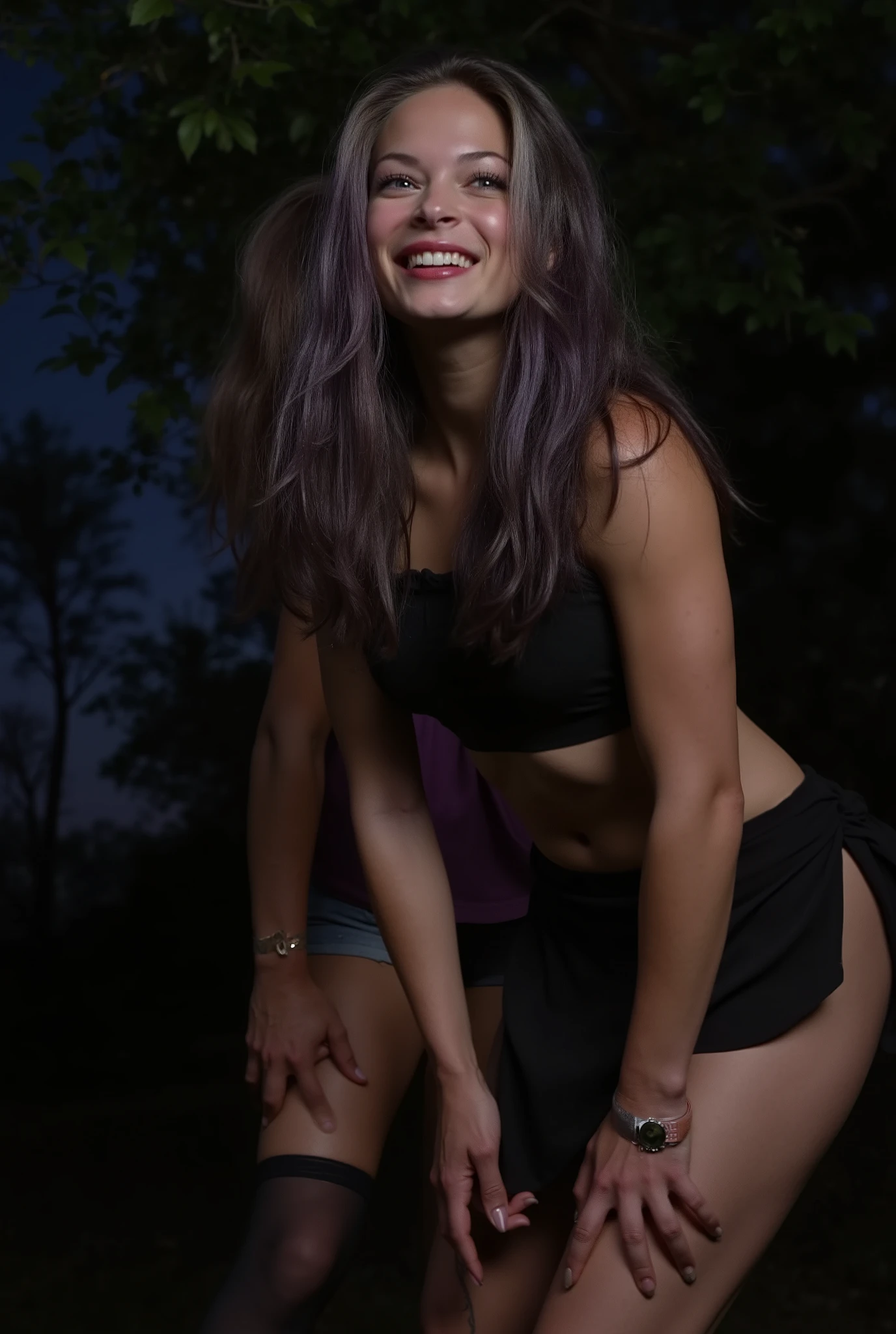 Kristin Kreuk. (YES SFW), paparazzi photo. 1girl, solo, misty \(kreuk\), open long hair, Purple hair, , black tank top, forest, tree, sky, night time, facing front, from behind, mini skirt around thighs, (Black panties :1.0), looking at viewer, open mouth, surprised, grin , sweat, steam, tits falling out top (undressing:4.0), leaning forward, curvy, chubby, from behind, tights, black sneakers, tattoos, 1girl, solo, misty \(pokemon\), open long hair , violet pulled up tank top, forest, tree, sky, facing front, from front, denim shorts around thighs, (Black panties:2.5), looking at viewer, open mouth, surprised, grin , sweat, steam, (undressing:1.0), leaning forward, curvy, chubby, from below, 1girl, solo,(from below:2.0), dutch angle, standing, (looming over the viewer), (close-up groin shot), silver hair, twin tails, deep red-purple eyes, seductive smile, lustful eyes, blushing face, embarrassed yet teasing expression, hands on panties edge, (panties lift up with both hands), black thighhighs, ribbon thighhighs, skirt that flutters in the wind, skirt squeeze thighs, panties barely visible but mostly hidden, miniskirt, ((spread legs)), (one knee up), plump and soft thighs, emphasized groin lines, alluring legs, alluring groin, narrow waist, perfect ass shape, perky ass, panties stretched tight between ass, ass crack shadow detail, plump hips emphasized, dramatic foreshortening emphasizing hips and thighs, off-shoulder black dress, delicate frills, soft ribbons, seductive atmosphere, detailed shading, beautiful eyes, highly detailed eyes, (realistic skin), (ultra detailed skin), soft skin texture, realistic skin shading, (detailed body), hyper detailed skin texture, micro skin details, glossy lips, room, blurry background, (masterpiece:1.2), detailed_skin, detailed_hair, detailed_face, high contrast, (very aesthetic:1.2),