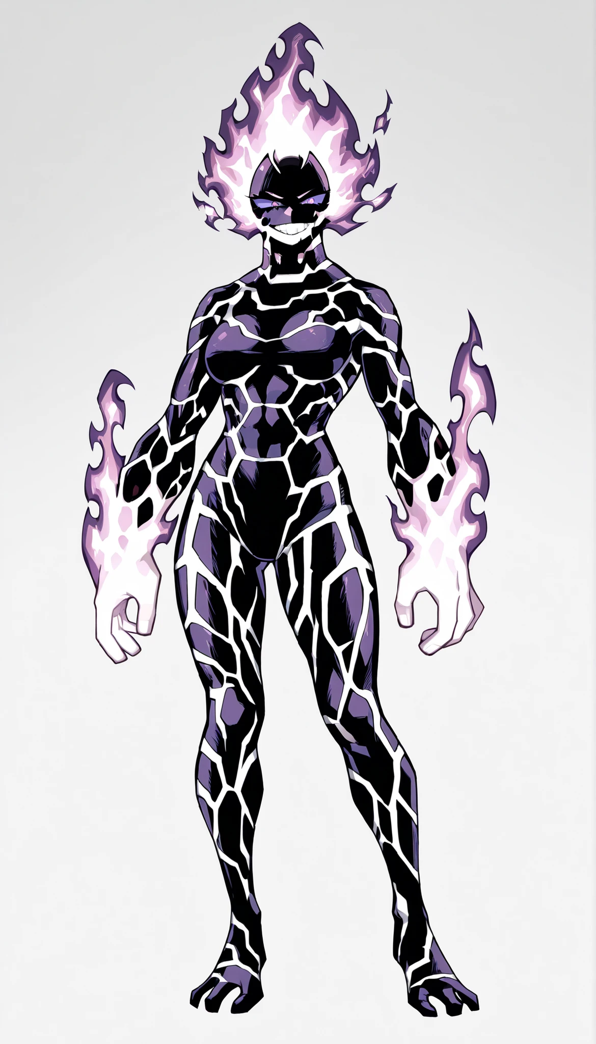 ((Highest Quality)), ((Simple Light Grey Background)), (My Hero Academia style), standing, 1female, female, solo, slender body, Toned body, muscular body, curved body, athletic body, standing, Full Body, flat breast, hips, thighs, inhuman creature, inhuman Pyranite monster, inhuman Pyranite monster creature, inhuman monster creature, inhuman Pyranite form, inhuman Pyranite monster, inhuman monster form, inhuman form, Pyranite form, Pyranite monster, Pyranite creature, monster form, monster creature, lava body, lava skin, lava skinned, lava skinned female, grey shattered rock skin, grey shatter rock skinned, grey shattered Metal rock female, purple fire head, Purple eyes, purple sclera, glowing eyes, glowing purple fire, (purple Pyranite), purple flames, purple fire, evil grin, evil look, evil face, Evil expression,