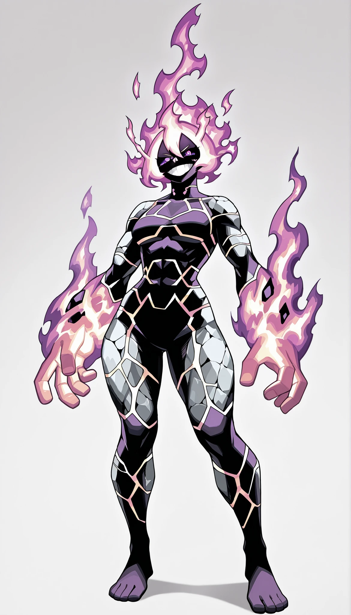 ((Highest Quality)), ((Simple Light Grey Background)), (My Hero Academia style), standing, 1female, female, solo, slender body, Toned body, muscular body, curved body, athletic body, standing, Full Body, flat breast, hips, thighs, inhuman creature, inhuman Pyranite monster, inhuman Pyranite monster creature, inhuman monster creature, inhuman Pyranite form, inhuman Pyranite monster, inhuman monster form, inhuman form, Pyranite form, Pyranite monster, Pyranite creature, monster form, monster creature, lava body, lava skin, lava skinned, lava skinned female, grey shattered rock skin, grey shatter rock skinned, grey shattered Metal rock female, purple fire head, Purple eyes, purple sclera, glowing eyes, glowing purple fire, (purple Pyranite), purple flames, purple fire, evil grin, evil look, evil face, Evil expression,