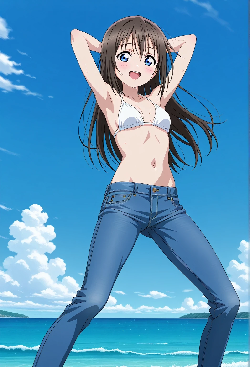 score_9, score_8_up, score_7_up, source_anime, highres, hi res, ((best quality, top quality, perfect quality, Highest Quality, amazing quality)), {{masterpiece}}, {{an extremely delicate and beautiful}}, 2d, intricate details, official style, anime, 8k, anime style, official_anime, official art, digital painting, cell shading, soft shading, high resolution, soothing tones, Subdued Color, Soft cinematic light, adobe lightroom, photolab, HDR, intricately and hyper-detailed, ((high quality animation)), 1 girl, Alone, solo, ((ocean)), tsunami, on the water, day, sunny, outdoors, sky, windy, shizuku ousaka, Love Live! Nijigasaki High School Idol Club, long hair, bangs, blue eyes, brown hair, hair between eyes, anime coloring, anime screencap, small breasts, white bikini top, best quality, hyper-detailed jeans, ((blue jeans:1.9)), (dark blue jeans:0.6), full medium body, medium shot, Open mouth, smiling, happy face, blush, sweat, standing, ((arms behind head:6.0)), ((perfect arm line:2.5)), balance arm, raise forearm slightly, bowlegged, sliding pose, action, looking at viewer, spread legs, Bend knees slightly, from below