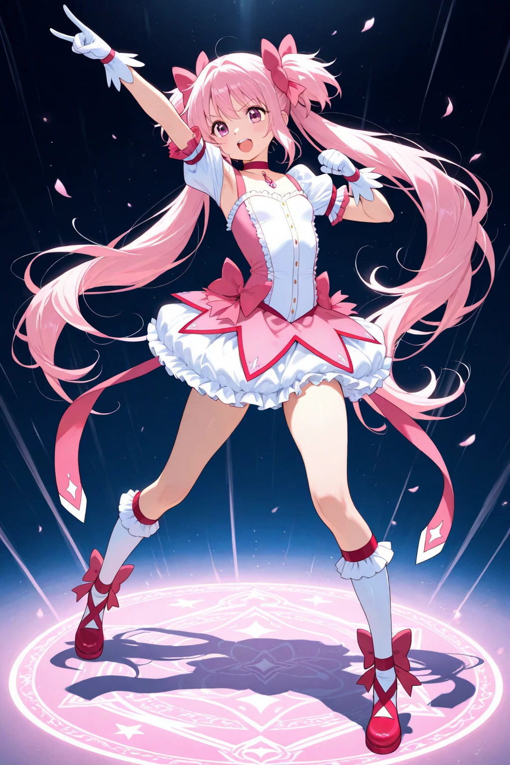 (Masterpiece: 1.5), (Best quality: 1.5), 8k,1 girl, closed eyes, pink hair, single ponytail, white top, pink pleated skirt, pink over-the-knee socks, white long boots, (black background: 1.5)