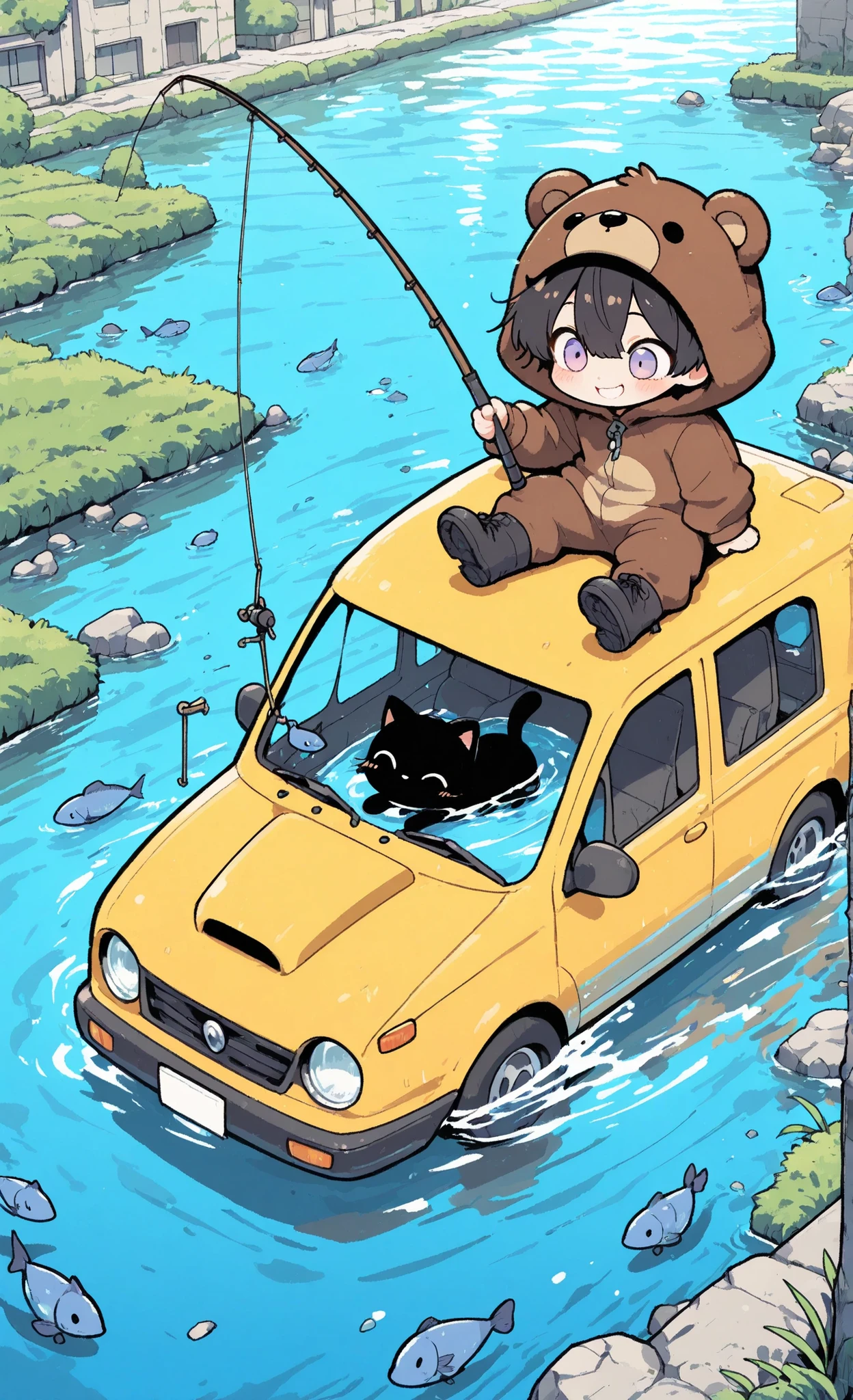 CuteToon_ST, ultra-detailed, high detail, best quality, masterpiece, sharp focus, detailed shadows, vivid colors, Kuma, masterpiece, best quality, ultra-detailed:1.3, male, 1boy, solo, short black hair, lavender eyes, wearing brown bear onesie, bear hood, black boots, sitting cross-legged on roof of yellow car submerged in water, smiling with eyes closed, holding fishing rod, casting line into water with bobber visible, black cat with large white eyes sitting next to him on car, tsunami post-apocalyptic atmosphere, semi-destroyed flooded city background, collapsed buildings partially underwater, debris floating in water, blue fish swimming in water, overgrown structures with pink flowering trees, partially submerged traffic light and bus, slightly elevated perspective, colorful playful slightly melancholic anime aesthetic, bright lighting, cheerful atmosphere amidst destruction