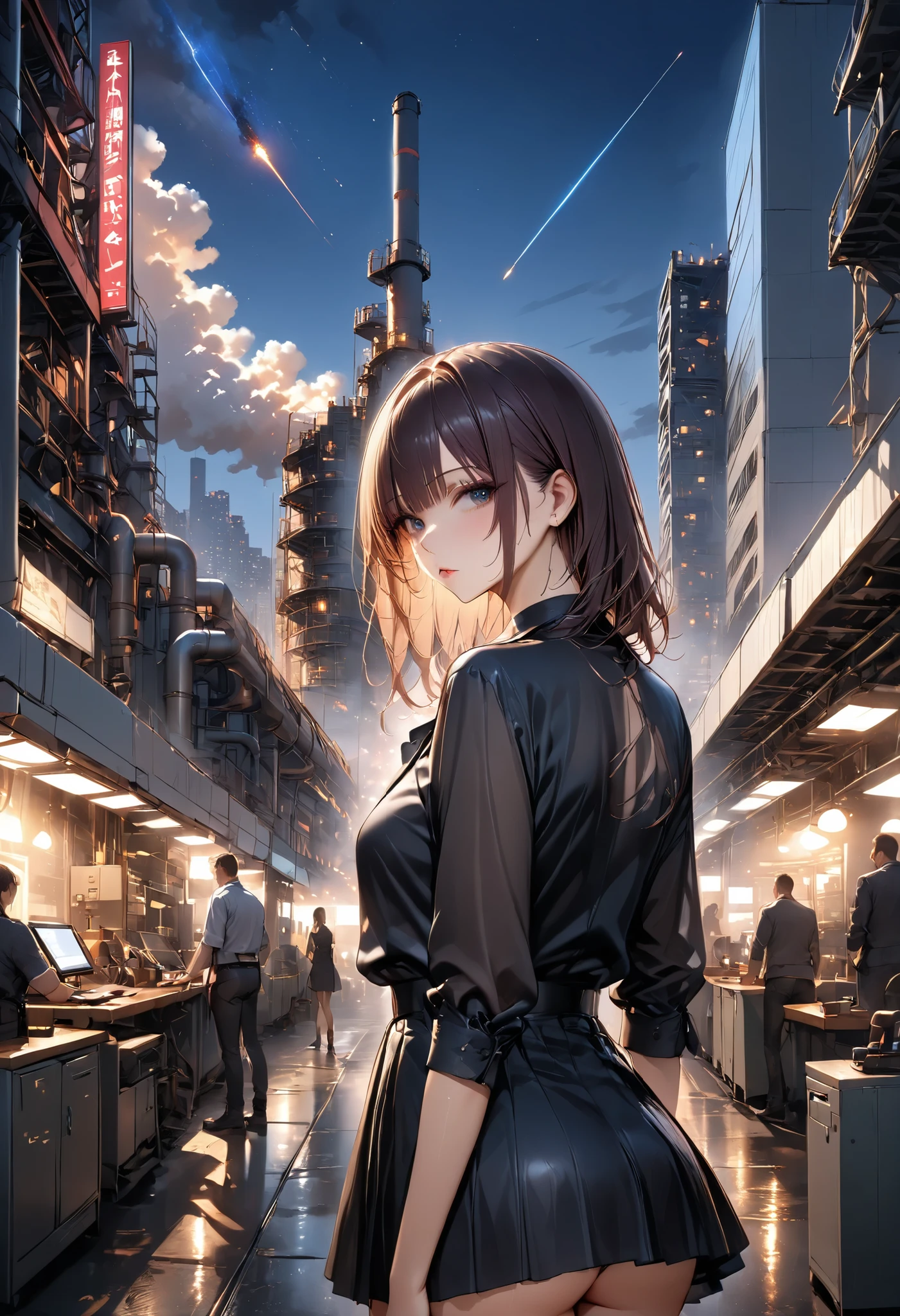 skyscrapersからGirl watching 、skyscrapers、The factory in front of you、Factory night view、一面のFactory night view、pipe、It looks like a jewel、Illuminations by llena de va、Girl watching 、meteor、空から降り注ぐmeteor、無数のmeteor群、masterpiece、fuill body ,best quality