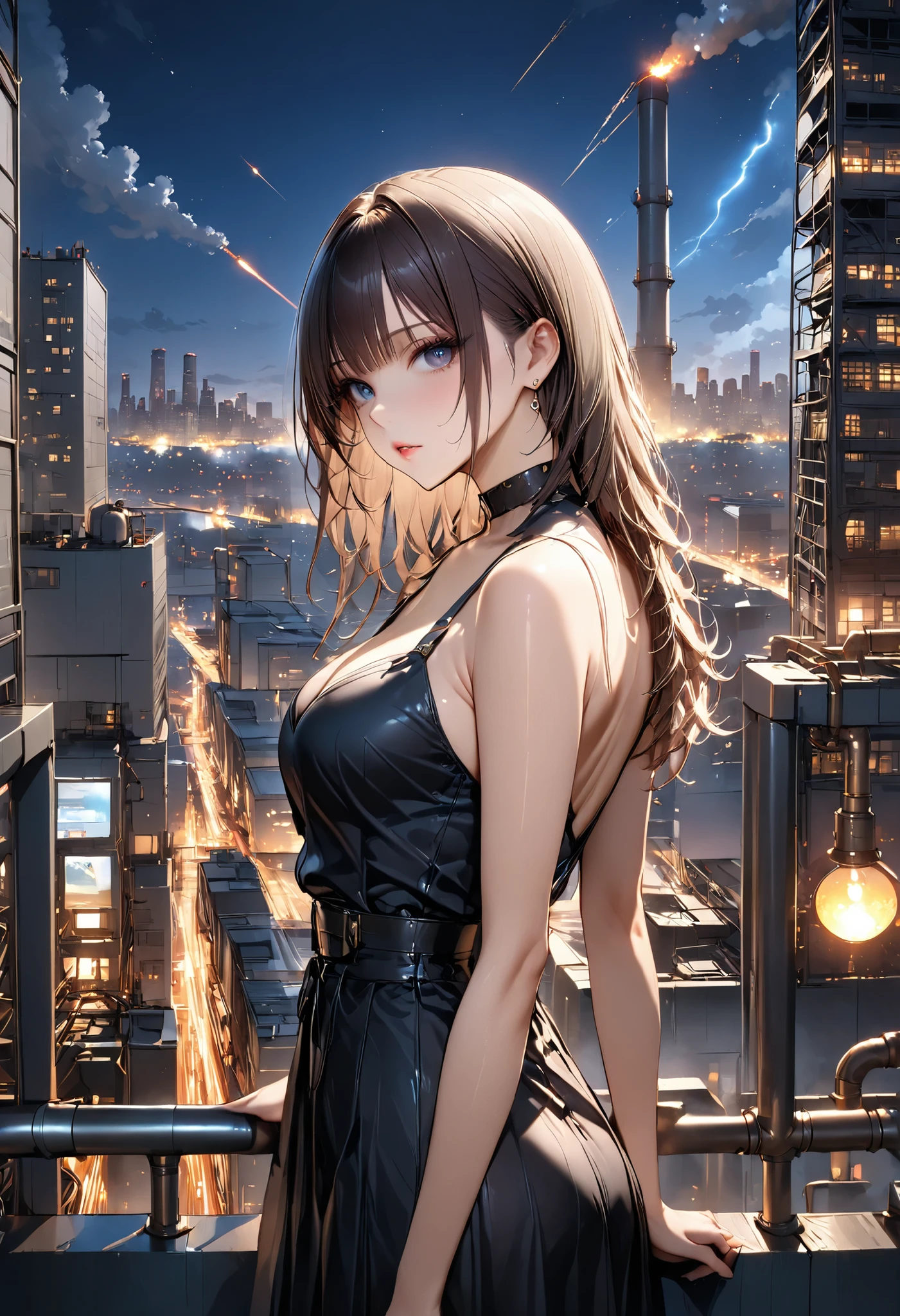 skyscrapersからGirl watching 、skyscrapers、The factory in front of you、Factory night view、一面のFactory night view、pipe、It looks like a jewel、Illuminations by llena de va、Girl watching 、meteor、空から降り注ぐmeteor、無数のmeteor群、masterpiece、fuill body ,best quality