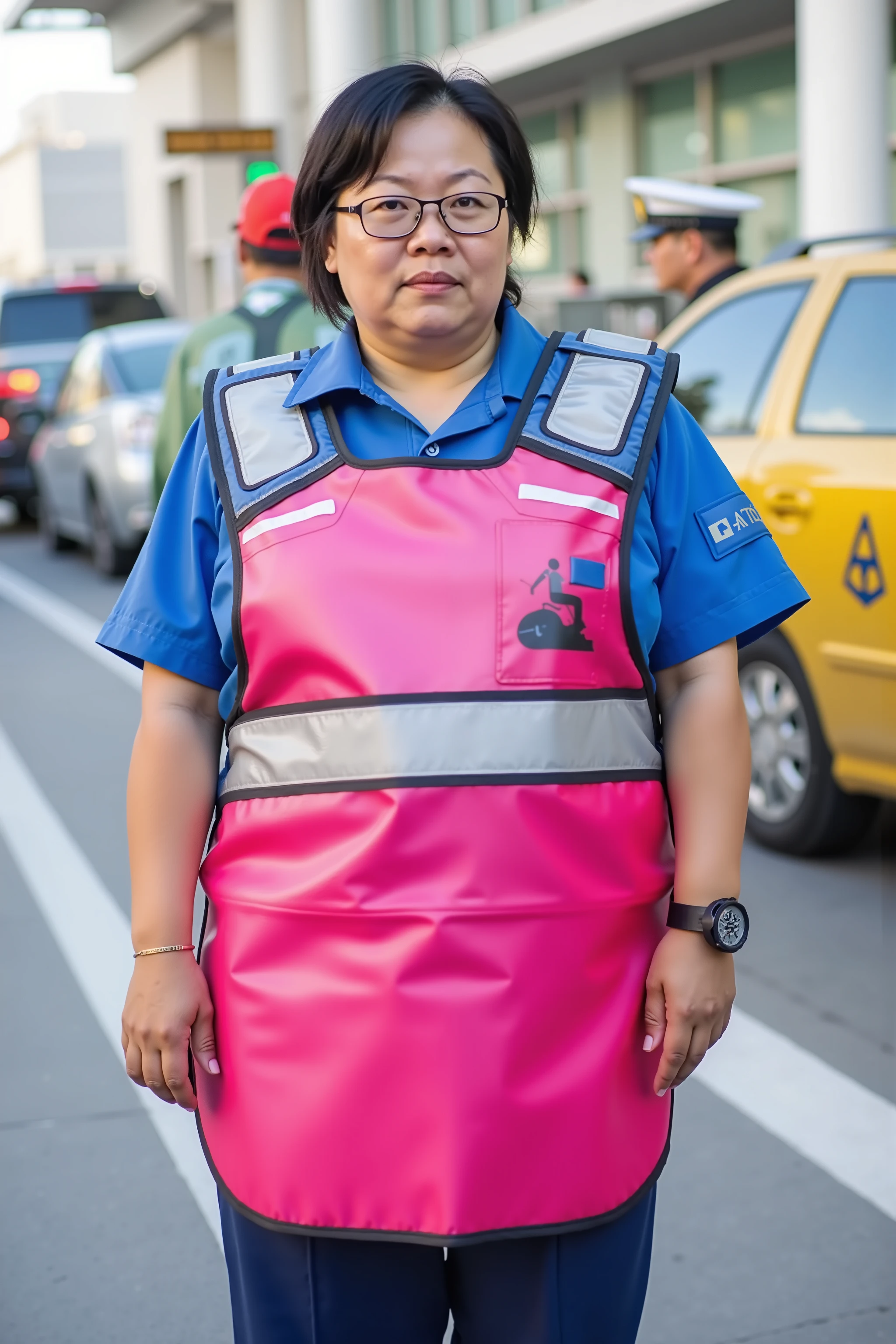 a 58 year old fat asian woman weighing 400 pounds wearing a bright pink and gold lead apron, she wears over the apron a high visibility patrol vest that has a translucent stripe across the chest, the asianpv vest is blue and has white high visibility stripes, the woman stands outside of an airport near a taxi