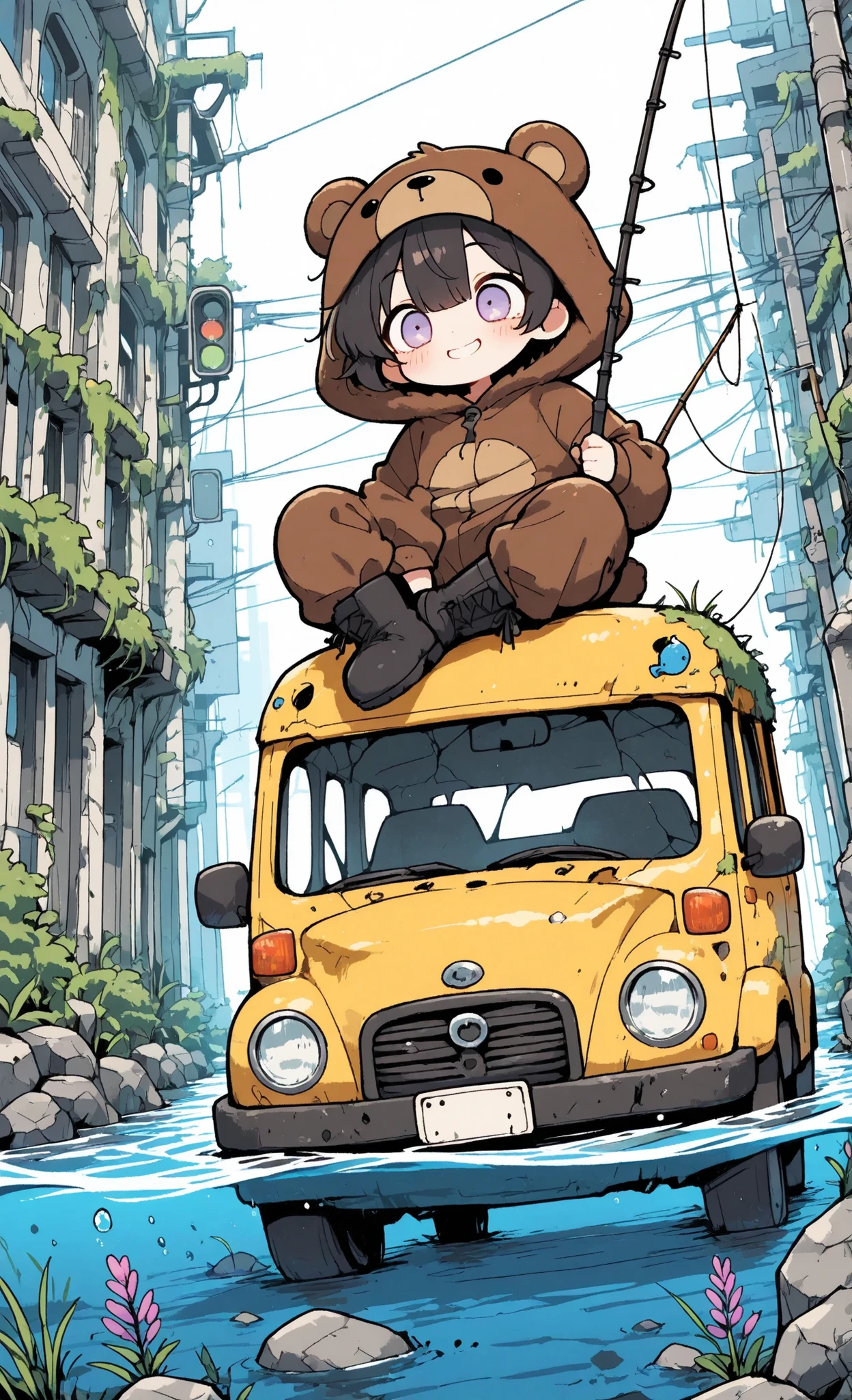 CuteToon_ST, Kuma, masterpiece, best quality, ultra-detailed:1.3, male, 1boy, solo, short black hair, lavender eyes, wearing brown bear onesie, bear hood, black boots, sitting cross-legged on roof of yellow car submerged in water, smiling with eyes closed, holding fishing rod, casting line into water with bobber visible, black cat with large white eyes sitting next to him on car, tsunami post-apocalyptic atmosphere, semi-destroyed flooded city background, collapsed buildings partially underwater, debris floating in water, blue fish swimming in water, overgrown structures with pink flowering trees, partially submerged traffic light and bus, slightly elevated perspective, colorful playful slightly melancholic anime aesthetic, bright lighting, cheerful atmosphere amidst destruction