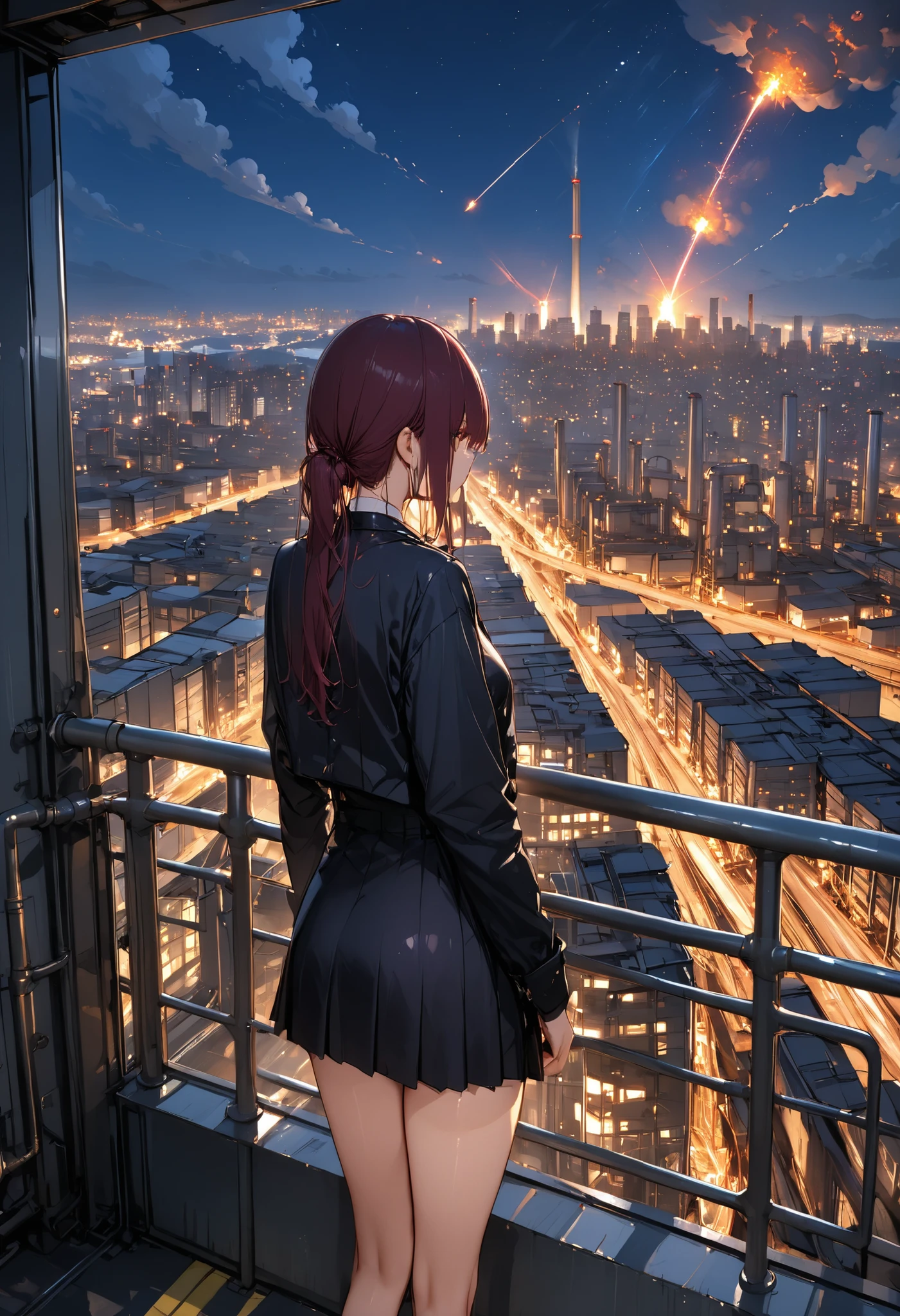 skyscrapersからGirl watching 、skyscrapers、The factory in front of you、Factory night view、一面のFactory night view、pipe、It looks like a jewel、Illuminations by llena de va、Girl watching 、meteor、空から降り注ぐmeteor、無数のmeteor群、masterpiece、fuill body ,best quality