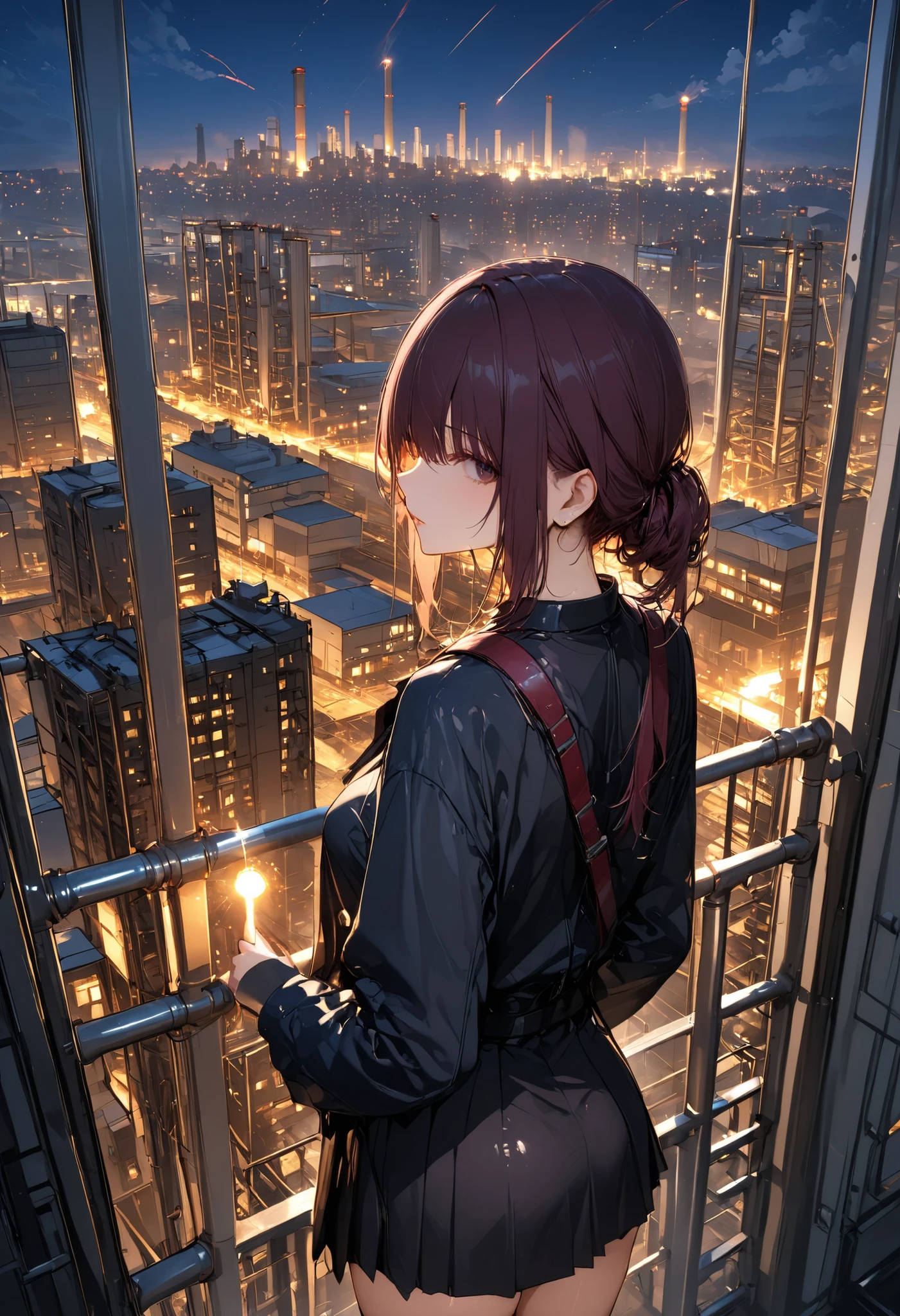 skyscrapersからGirl watching 、skyscrapers、The factory in front of you、Factory night view、一面のFactory night view、pipe、It looks like a jewel、Illuminations by llena de va、Girl watching 、meteor、空から降り注ぐmeteor、無数のmeteor群、masterpiece、fuill body ,best quality