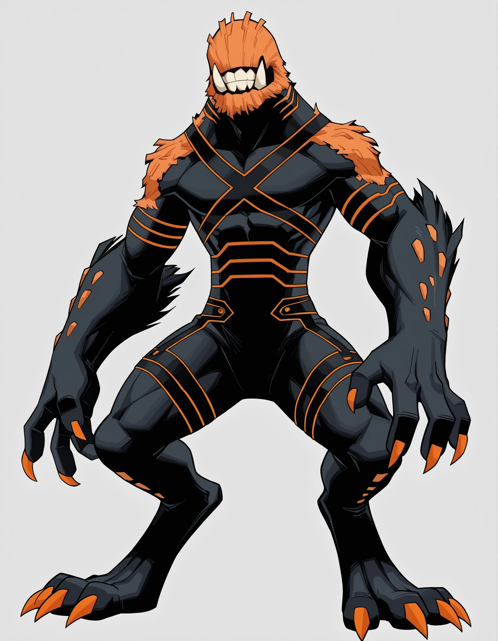 ((Highest Quality)), ((Simple Light Grey Background)), (My Hero Academia style), standing, (1male), (Male), mature male, mature man, solo, toned body, athletic body, Toned body, slender body, thick body, standing, Full body, inhuman creature, inhuman vulpimancer monster, inhuman vulpimancer monster creature, inhuman monster creature, inhuman vulpimancer form, inhuman vulpimancer monster, inhuman monster form, inhuman form, vulpimancer form, vulpimancer monster, vulpimancer creature, monster form, monster creature, evil grin, evil face, Evil expression, ((No eyes)), ((Without eyes)), no eyes, without eyes, fangs, pronounced fangs, lower fangs, tusk, lower tusk, pronounced tusks, claws, sharped claws, claws on hands, claws on feet, sharped fangs, sharped tusk, orange and black skin, orange and Black skinned male, orange and black skinned, fur skin, fur-skinned, fur-skinned male, two-tone skin, two-tone-skinned, two-tone-skinned male, black strapped pattern skinned arms, black strapped pattern skinned legs, black strapped pattern skinned torso, black strapped pattern skinned head, wide jaws, ((quadruped)),