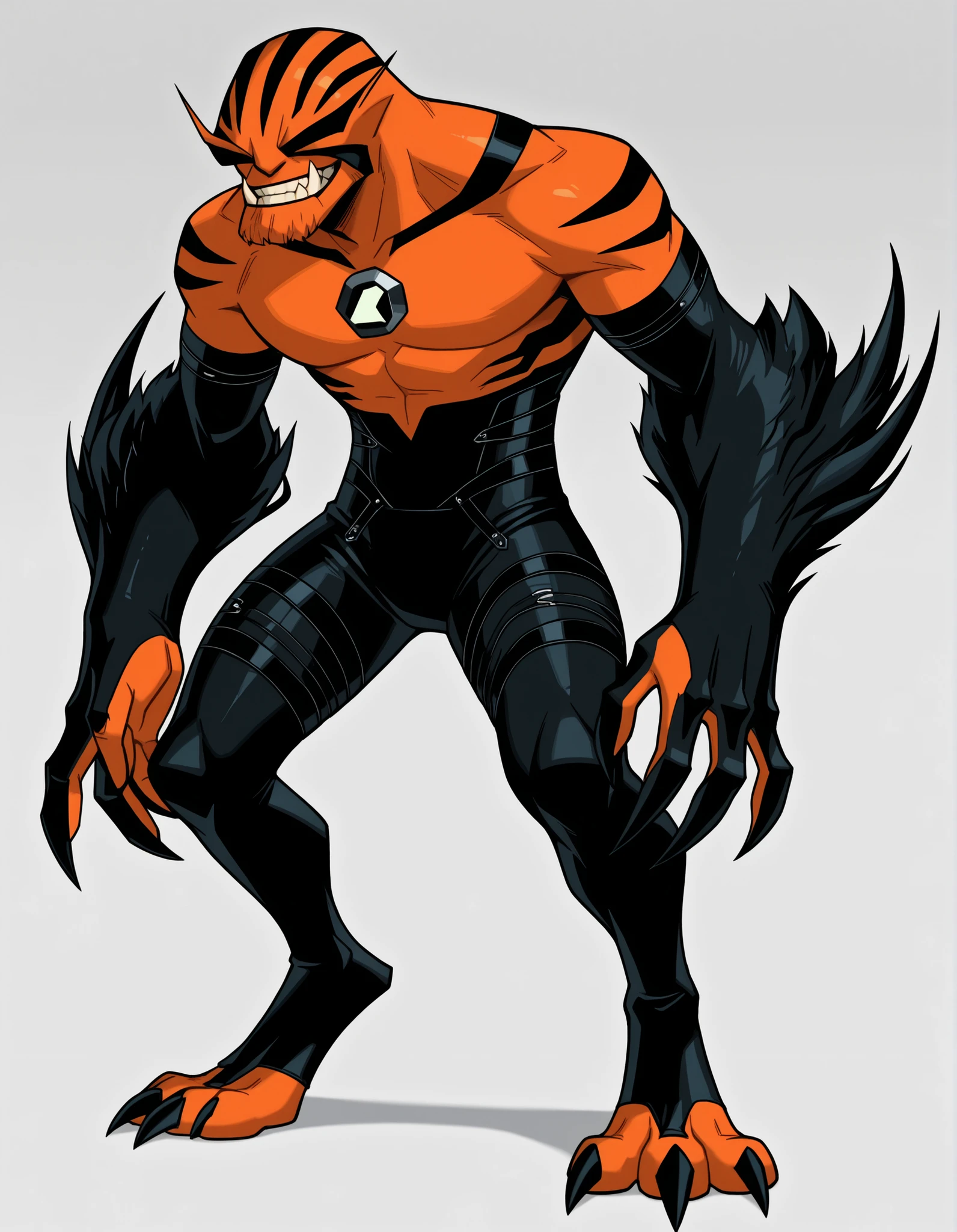 ((Highest Quality)), ((Simple Light Grey Background)), (My Hero Academia style), standing, (1male), (Male), mature male, mature man, solo, toned body, athletic body, Toned body, slender body, thick body, standing, Full body, inhuman creature, inhuman vulpimancer monster, inhuman vulpimancer monster creature, inhuman monster creature, inhuman vulpimancer form, inhuman vulpimancer monster, inhuman monster form, inhuman form, vulpimancer form, vulpimancer monster, vulpimancer creature, inhuman appoplexian monster, inhuman appoplexian monster creature, inhuman appoplexian form, inhuman appoplexian monster, appoplexian form, appoplexian monster, appoplexian creature, monster form, monster creature, evil grin, evil face, Evil expression, ((No eyes)), ((Without eyes)), no eyes, without eyes, fangs, pronounced fangs, lower fangs, tusk, lower tusk, pronounced tusks, claws, sharped claws, claws on hands, claws on feet, sharped fangs, sharped tusk, orange skin, orange-skinned male, orange-skinned, fur skin, fur-skinned, fur-skinned male, two-tone skin, two-tone-skinned, two-tone-skinned male, black strapped pattern skinned arms, black strapped pattern skinned legs, black strapped pattern skinned torso, black strapped pattern skinned head, wide jaws, ((quadruped)), ((No ears)), ((without ears)), no ears, without ears, (((fusion between rath and willmutt))), ((pronounced single black Claw in each hand)),