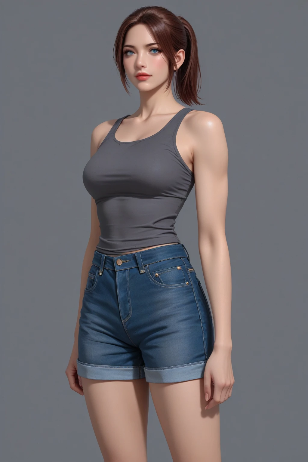 Mini short jeans skirt, grey seamless ribbed cami top with shoulder straps, size small, ,   belly bottom, masterpiece, best quality, highly detailed, ultra high res, (photorealistic:1.8), unreal_engine, photograph, realistic_skin_texture, rialistic photo、Real Images、Top image quality、​masterpiece, white skin color, gold hair, full body standing, outdoor, Main Street, Scrawny:1.7,