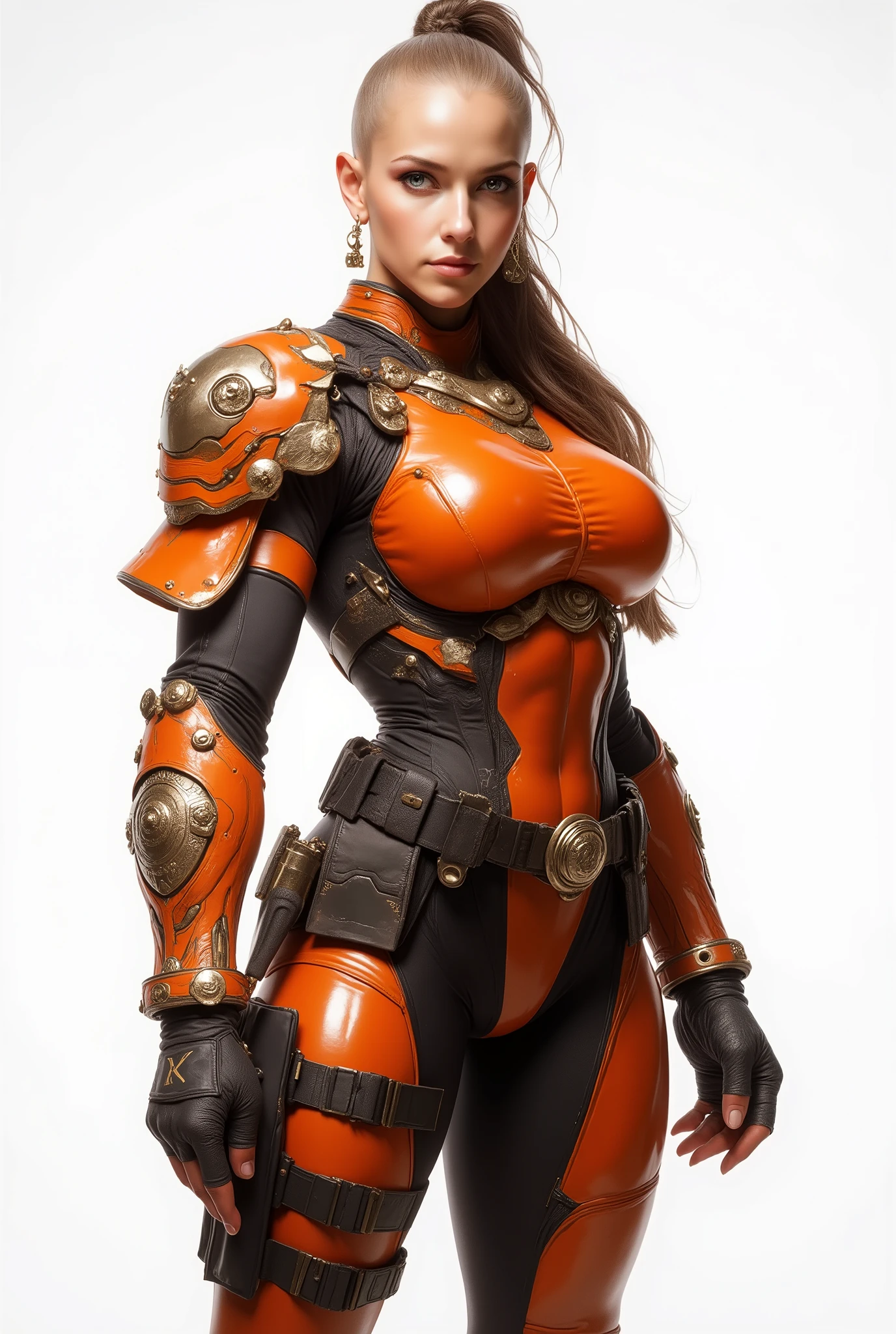 full body image Photorealistic adult warrior 18 years old girl, bald head high arched eyebrows in a thick side braid, light eyes, subtle glam makeup ;clean unmarked skin; confident, stoic expression. Outfit: glossy black fitted orange leather/metal tactical bodysuit with sculpted panels; sci-fi shoulder pauldrons,heavy gauntlets/bracers, utility belts with gold/brass buckles, thigh straps,high black gloves; minimal jewelry (small hoop earrings).Composition & Camera: three-quarter portrait from mid-thigh up, dynamic power pose, slight turn toward camera;studio, seamless pure white background; eye-level 85mm look, shallow depth of field with eyes tack-sharp.Lighting & Finish: high-key beauty lighting with softbox key and clean rim highlights to emphasize specular shine on armor;crisp edges, ultra-detailed textures (leather grain, metal hardware), UHD, HDR, editorial quality