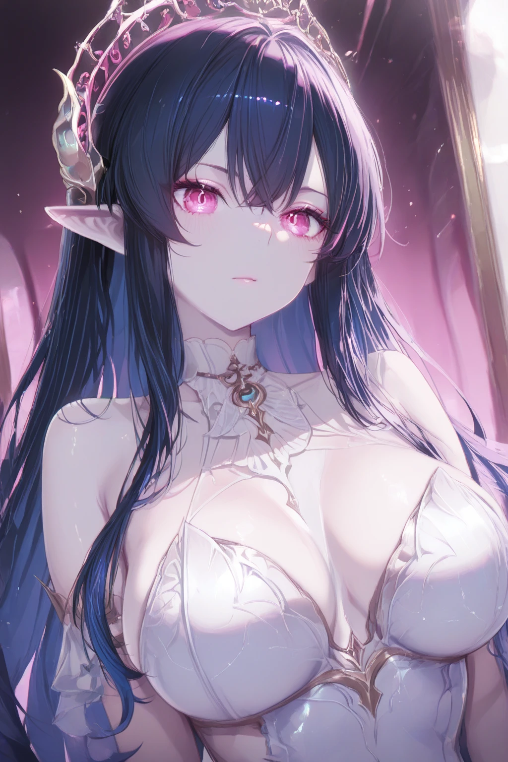 ( the best quality,4k,high-res, masterpiece:1.2), ultra-detailed,realistic, HDR, UHD,studio lighting, extremely detailed eyes and face, beautiful detailed lips, physically-based rendering, detaiented, curly violet hairs, A curvaceous body with massive ??????? and slightly toned skin + sapphire eyes with luscious eyelashes + Long hair with black to blue gradient color + long, pointy ears, Acheronian blue gorgeous demon  horns, wings, and tail + puffy, glossy lips.
She wears revealing garments that cover only ????? and ??????? with chains holding them in place, also she has a shimmering golden piercing in her navel, ear, and lip.