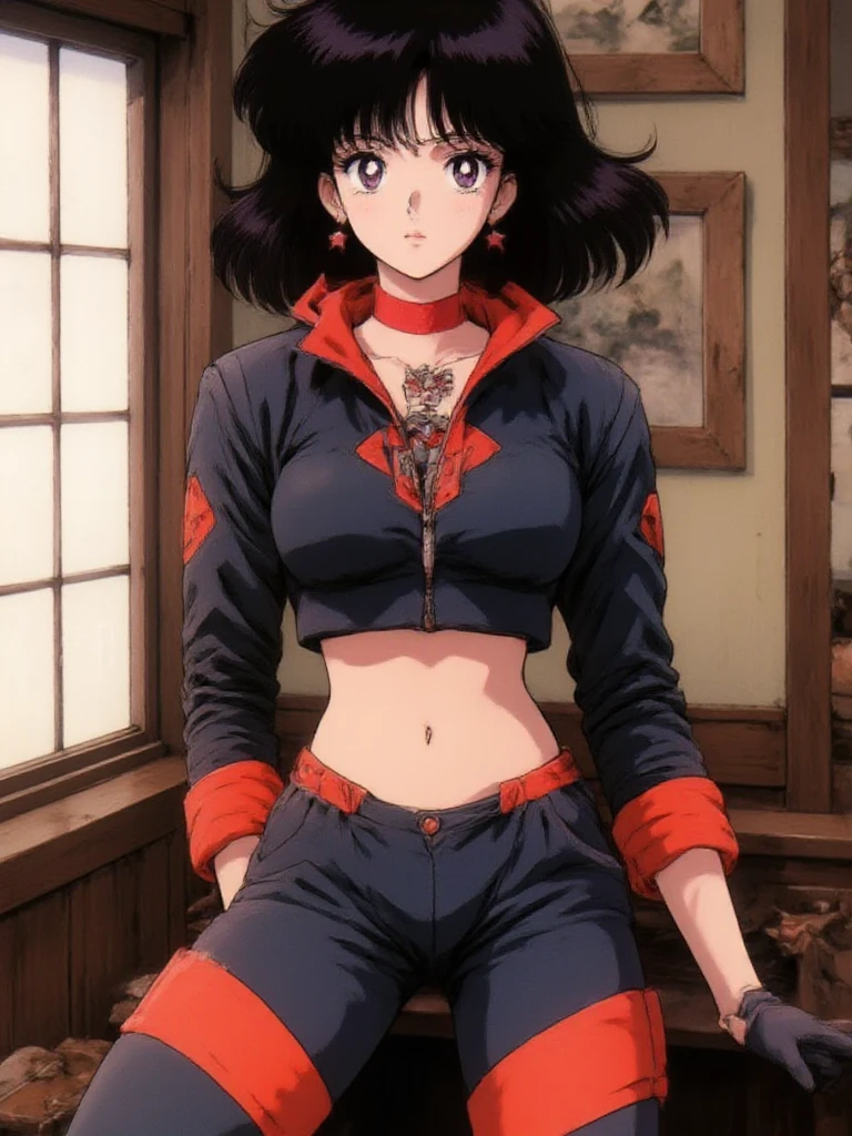 (ilustraciones de anime, estilo animado, Studio Anime, Muy detallado, Hasta la fecha, vibrante, colorante animado, alto contraste, Obra maestra:1.2, of the highest quality, mejor estetica), vaquero bebop_artistic, faye san valentin, 23 year old woman, (cabello purpura, cabello corto, ojos verdes), (Diadema amarilla, Camisa amarilla sin mangas, camisa recortada:1.2), (((Hay un nudo en el frente.)chaqueta roja:1.2)), Expone tus hombros:1.4, (pantalones amarillos:1.4), (botas blancas), (dynamic angle), (Prepara tu arma?, pistola 30:1.2, Weapon Action, ), fondo sencillo, fondo liso.