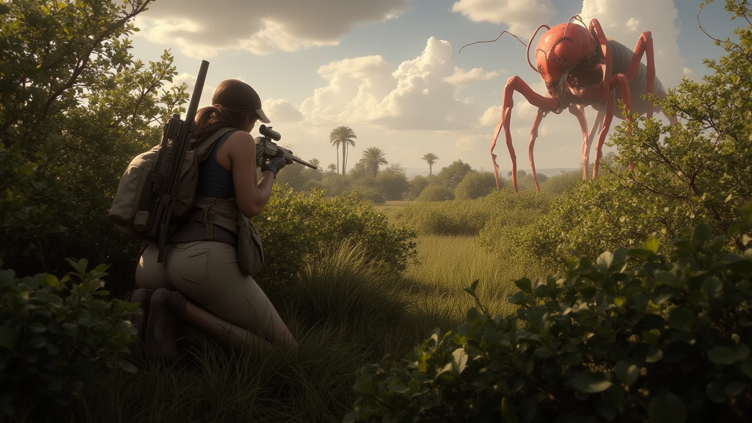 huntress in bushes aiming rifle at distant giant red ant, detailed portrait, photorealistic, dramatic lighting,lush foliage,wilderness environment,engaging action,masterpiece,ultra-detailed,physically-based rendering,vivid colors